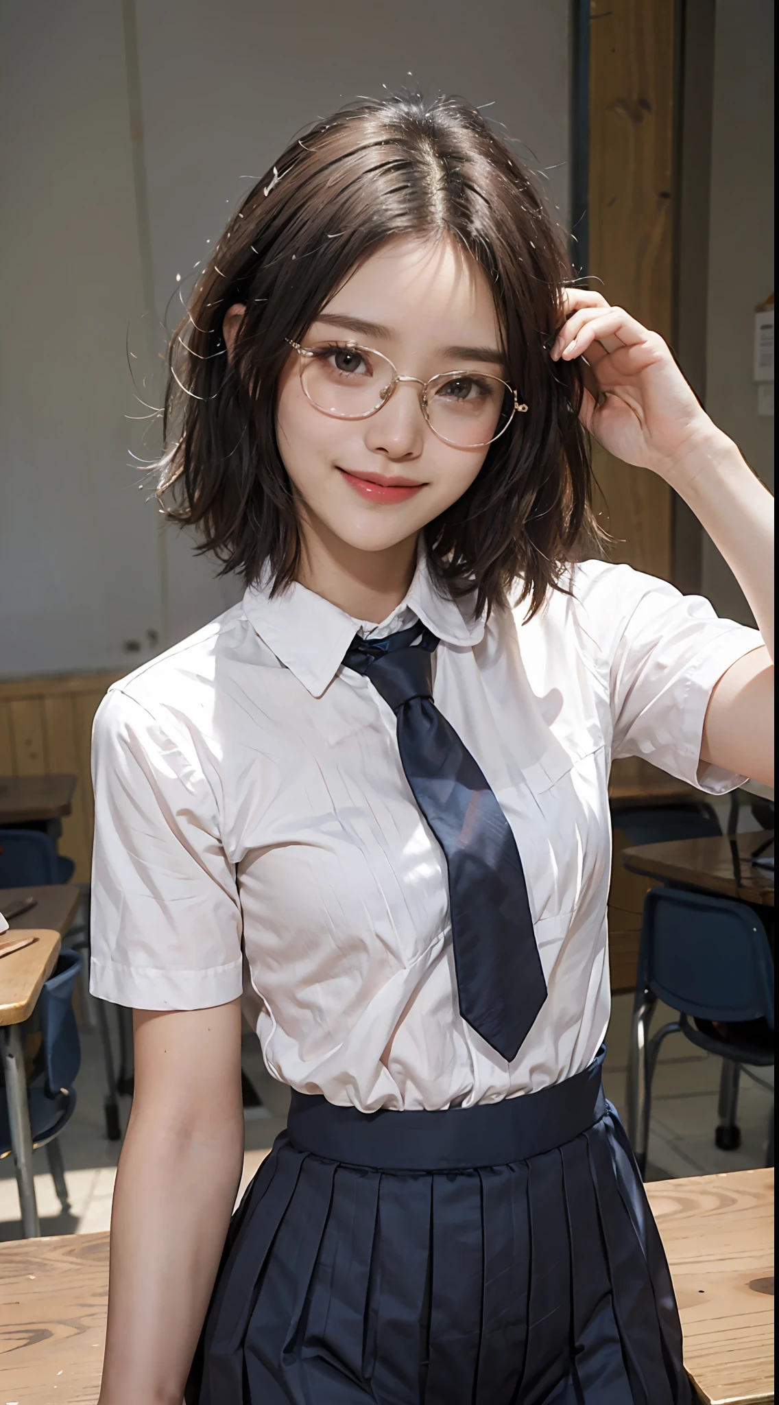 Shooting bob hair, schoolgirl, ((summer school uniform))), side style, white shirt, blue striped tie, short sleeves, dark blue prill skirt, classroom, smile, small head, bangs, urban, glasses, short wavy hair, small head, pale pink lips, smiling smile, happy, small breasts, small hips, slender body