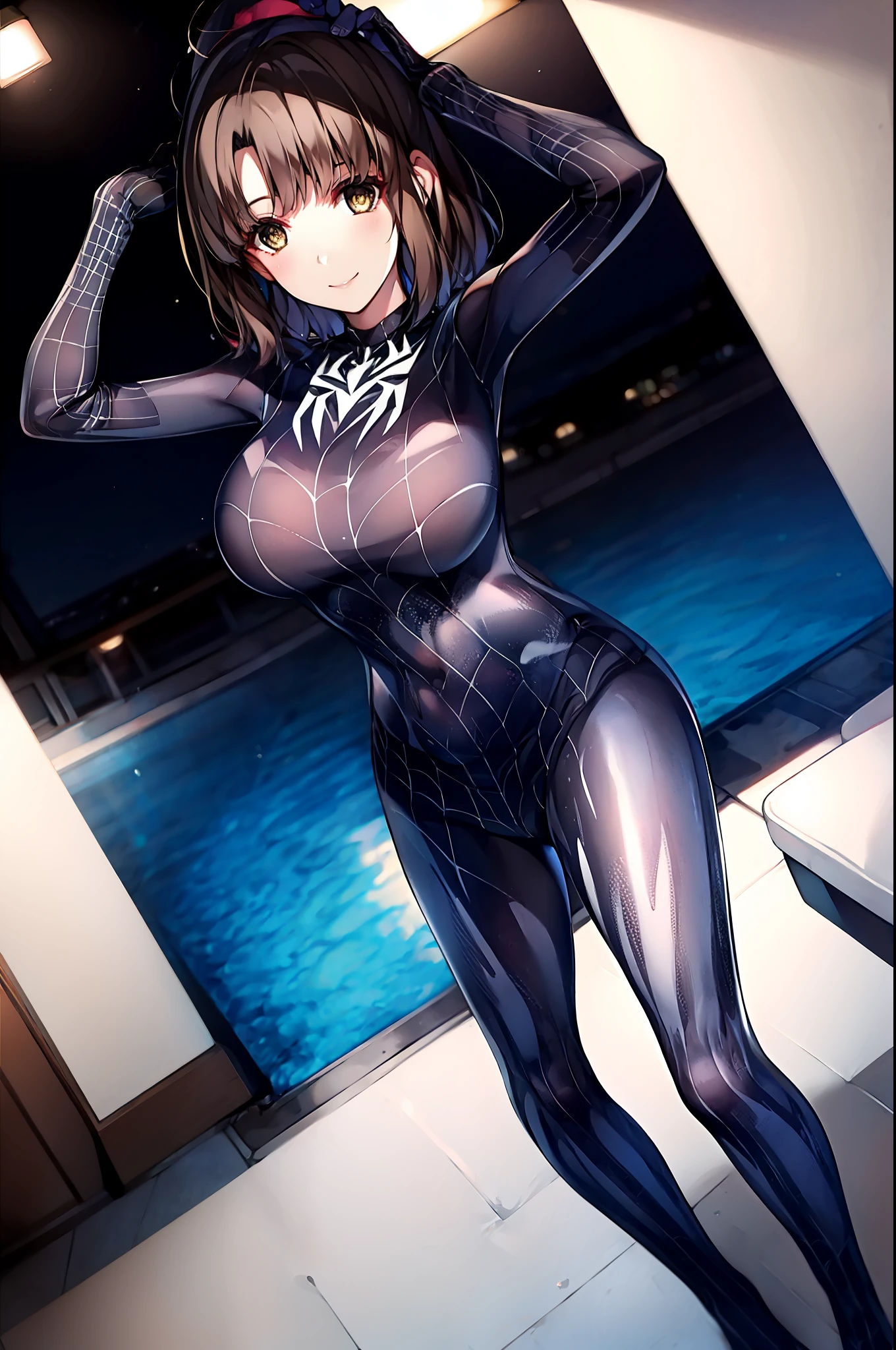 masterpiece, best quality, 8k, highres, 1girl, night, seductive smile, large breasts, tight suit,