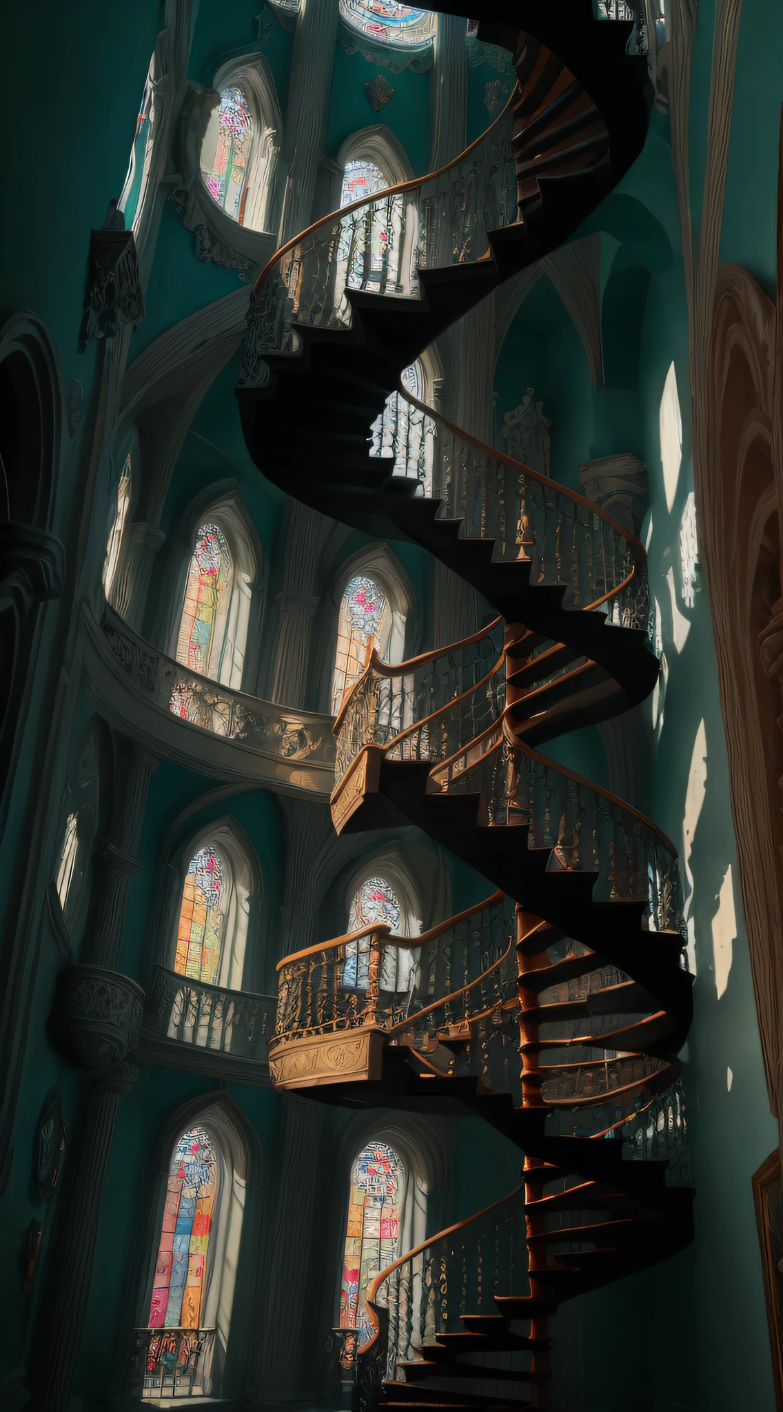 ((masterpiece)), ((best quality)), 8k, high detailed, ultra-detailed, 

A spiral staircase with complex design, emphasizing its twisted shape and texture. The staircase is made of dark metal, with intricate patterns and details carved into each step. The twisted nature of the staircase creates a sense of movement and dynamism. The lighting highlights the curves and shadows, adding depth to the overall composition. In the background, there are several paintings hanging on the walls, showcasing different interpretations of the spiral staircase. The paintings feature bold colors and abstract shapes, creating a contrast against the intricate staircase. Sunlight streams through nearby windows, casting rays of light that playfully dance on the staircase and the surrounding area, adding a touch of magic to the scene.