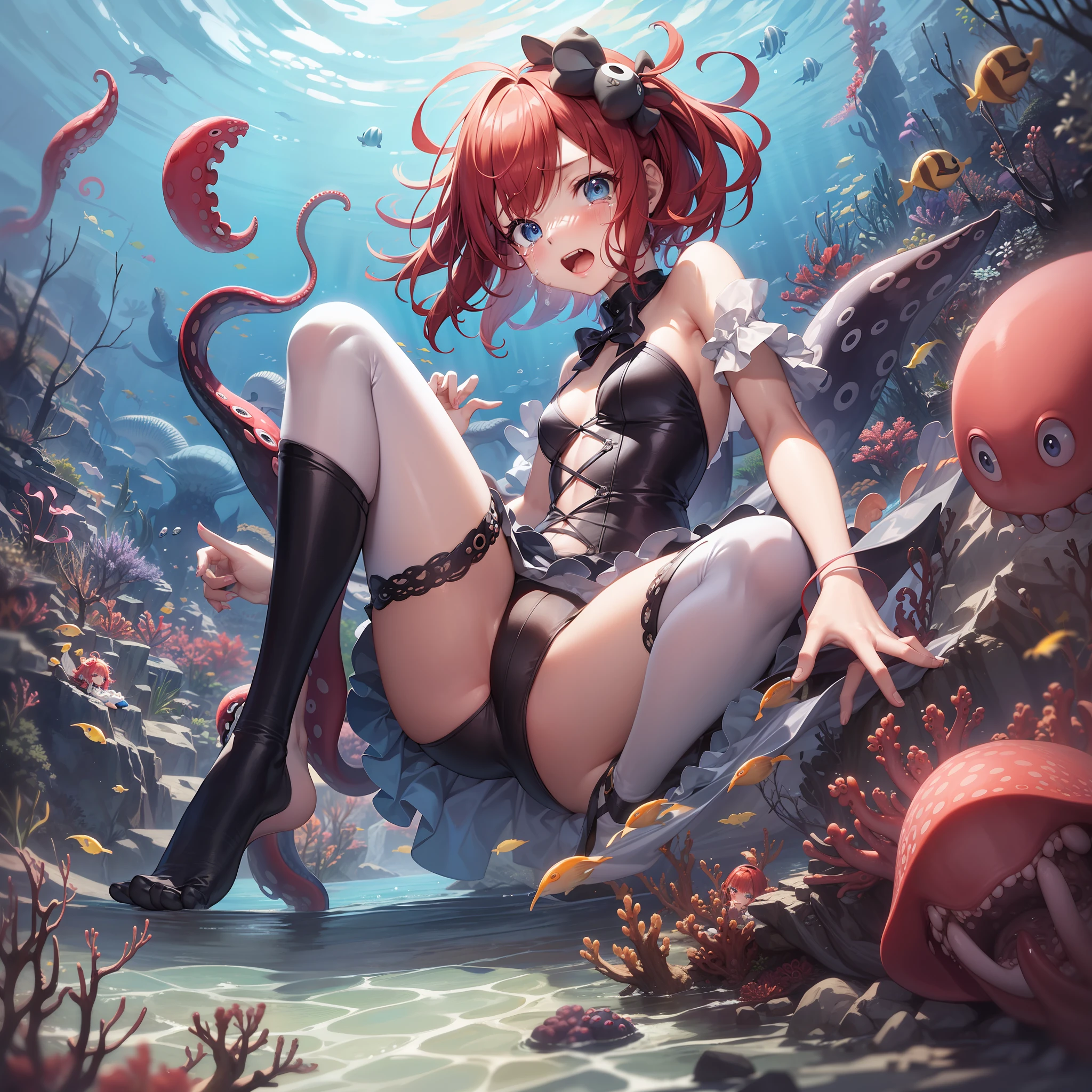 swimsuiti、short-hair、Messy red hair、small head、large blue eyes、Desperate look、Tears、Yodare、Adorable One Girl、One giant octopus、Multiple eyes、Octopus paws pounce on a girl、Octopus foot attacks girl's crotch、Ahe Face Girl 、Under the sea、Girl attacked by octopus、