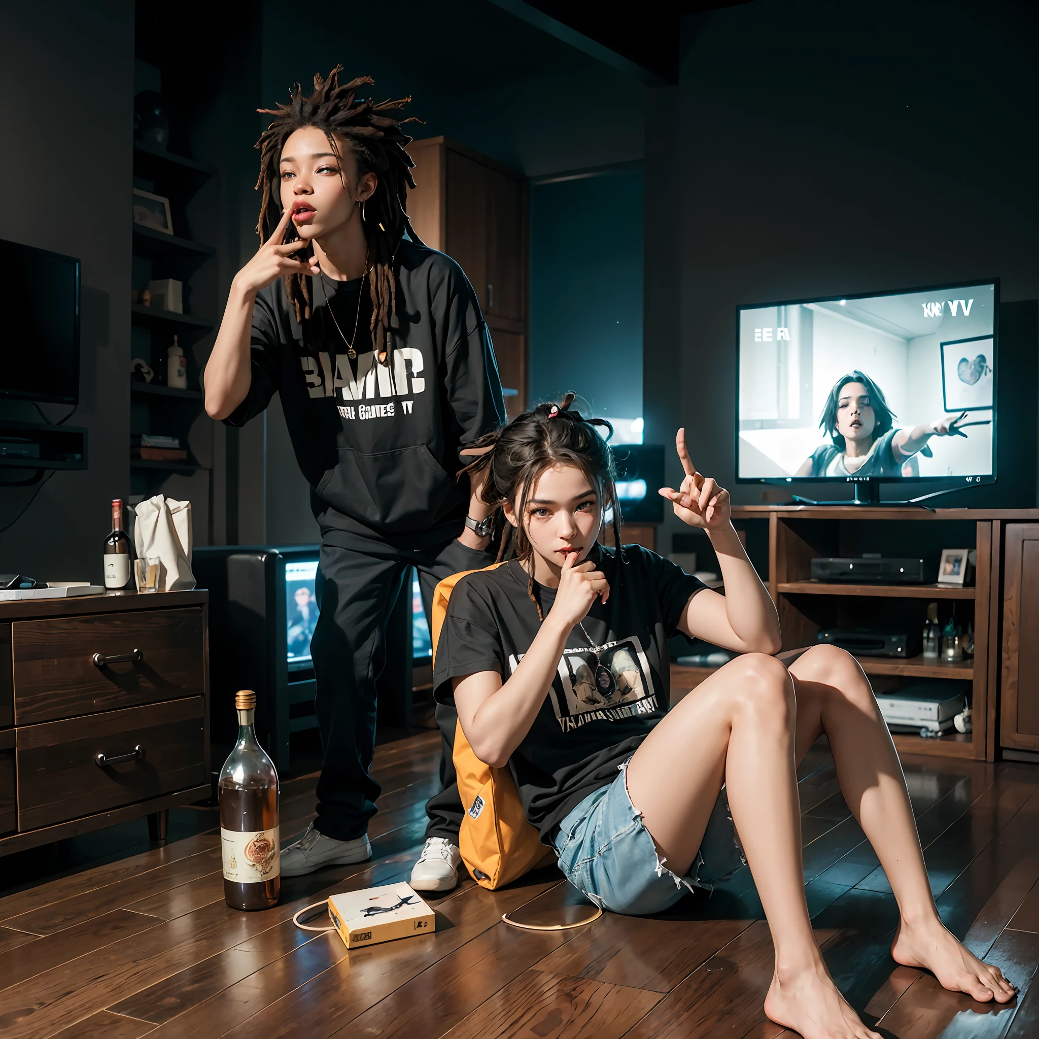 Black gangsters, relaxing at the crib, home apartment setting, smoking, gang signs, dreadlocks, with the homies, alcohol on the table and on the floor, drunk, video game and tv is on, light fog, (natural skin texture, hyperrealism, soft light, sharp), night time, bulb illumination, full body shot, gang