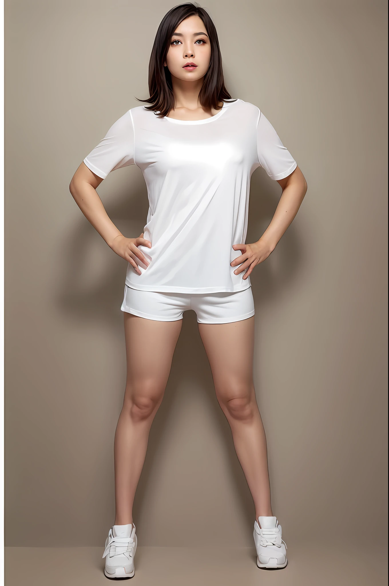 Black shorts、white t-shirts、Black hair photorealistic, High Resolution、black-haired、White costume