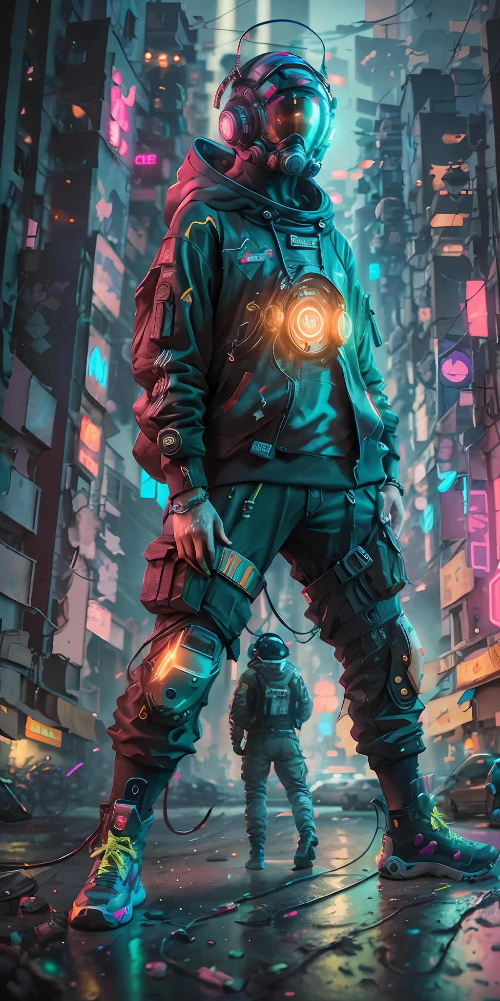 (masterpiece, full body shot, intricate raw photography) Cyberpunk citizen, comfortable oversize black hoodie, black cargo pants, neon lights details on dark clothes,wearing a black Astronaut style helmet, neon light details, intricate, futuristic, sharpness, random friendly position, Cyberpunk City, street neon lights, night, Insta photo, photo of the year, octane render, substance, Maya 3D, cinema4D, ArtStation Trending, Devian Art Trend,