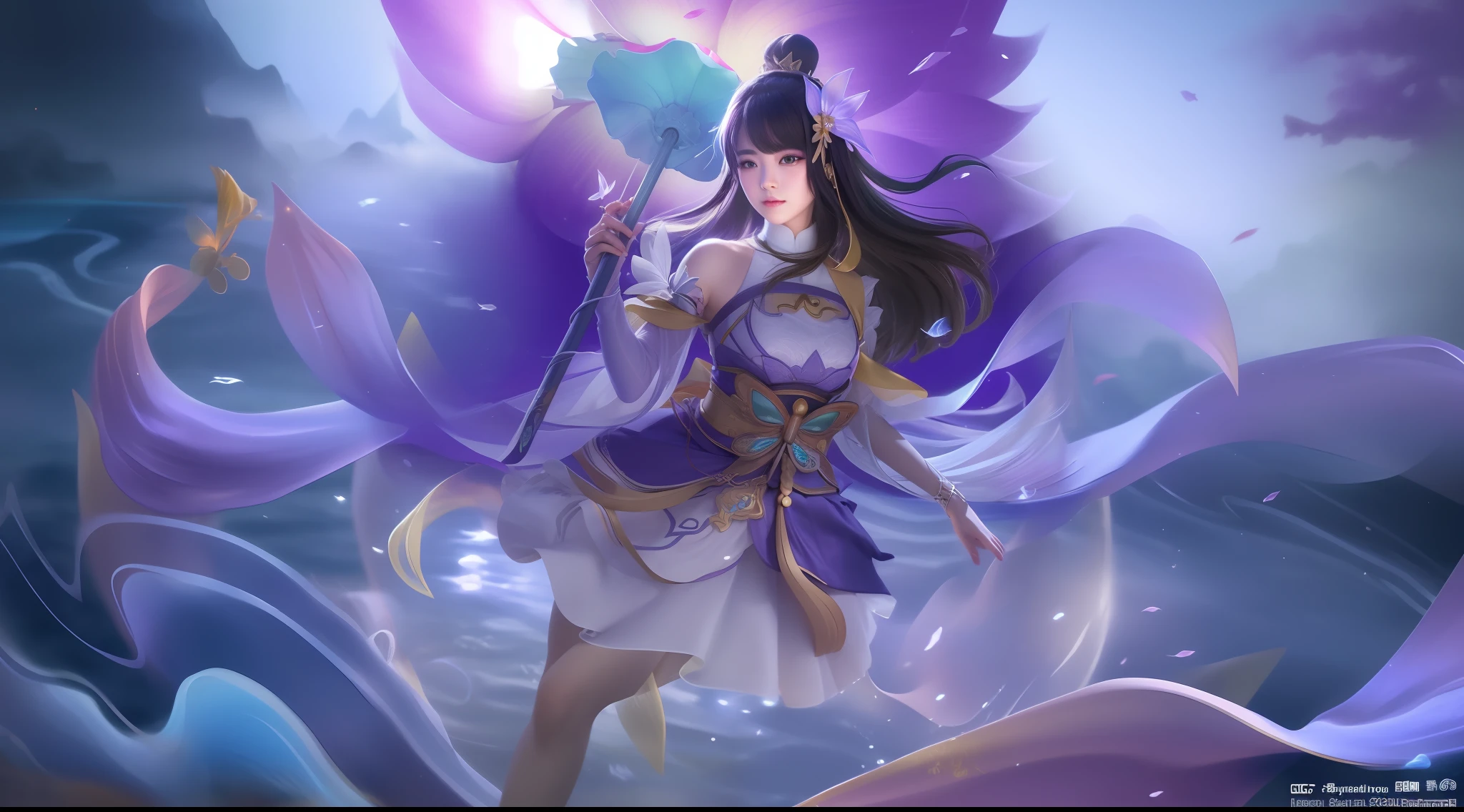 anime girl with a purple dress and a blue hat holding a green flower, queen of the sea mu yanling, by Yang J, heise jinyao, yun ling, onmyoji detailed art, beautiful celestial mage, inspired by Ju Lian, full body xianxia, inspired by Pu Hua, g liulian art style, keqing from genshin impact