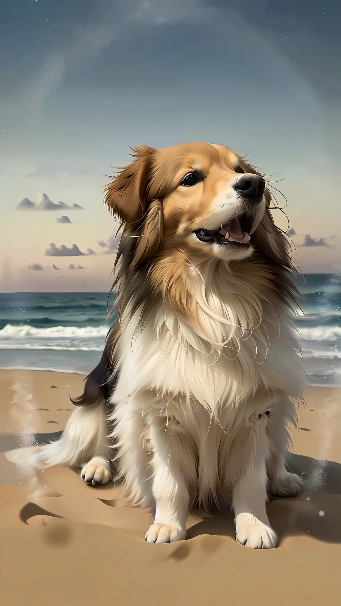 Best quality, 巨作, Extremely delicate and beautiful, Extremely detailed ,CG ,Unity ,8k wall paper, Amazing, finedetail, offcial art, incredible absurdity, Ultra-detailed, A high resolution, wide_angled,
Golden Retriever，ocean swells，sandbeach