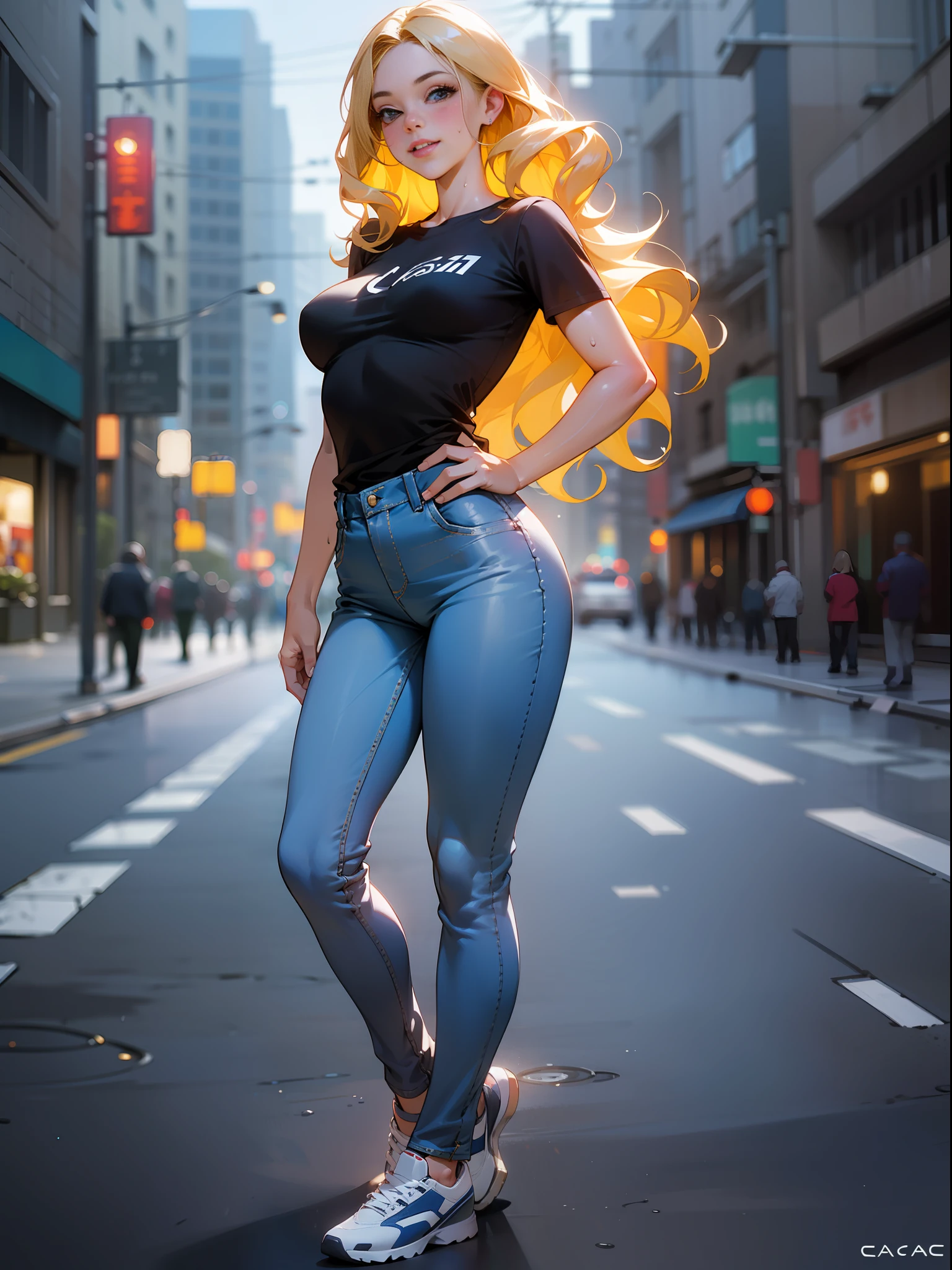 (8K), (Best Quality), (Masterpiece:1.2), (Realistic), (Realistic:1.37), Ultra Detailed, 1 Girl, Caucasians, Detailed Face, (Skinny Jeans), (T-Shirt), ((Night Street Background)), (Stand Straight), ((Perfect Female Body, Skin Dents)), Mature Woman, Mature Woman, Narrow Waist, Smile, (Full Body), Sexy Legs, Blonde | Wavy, High Quality, HDR, 4K, Realistic, Incredible Skin Detail, (slightly sweaty body: 0.5), professional photo