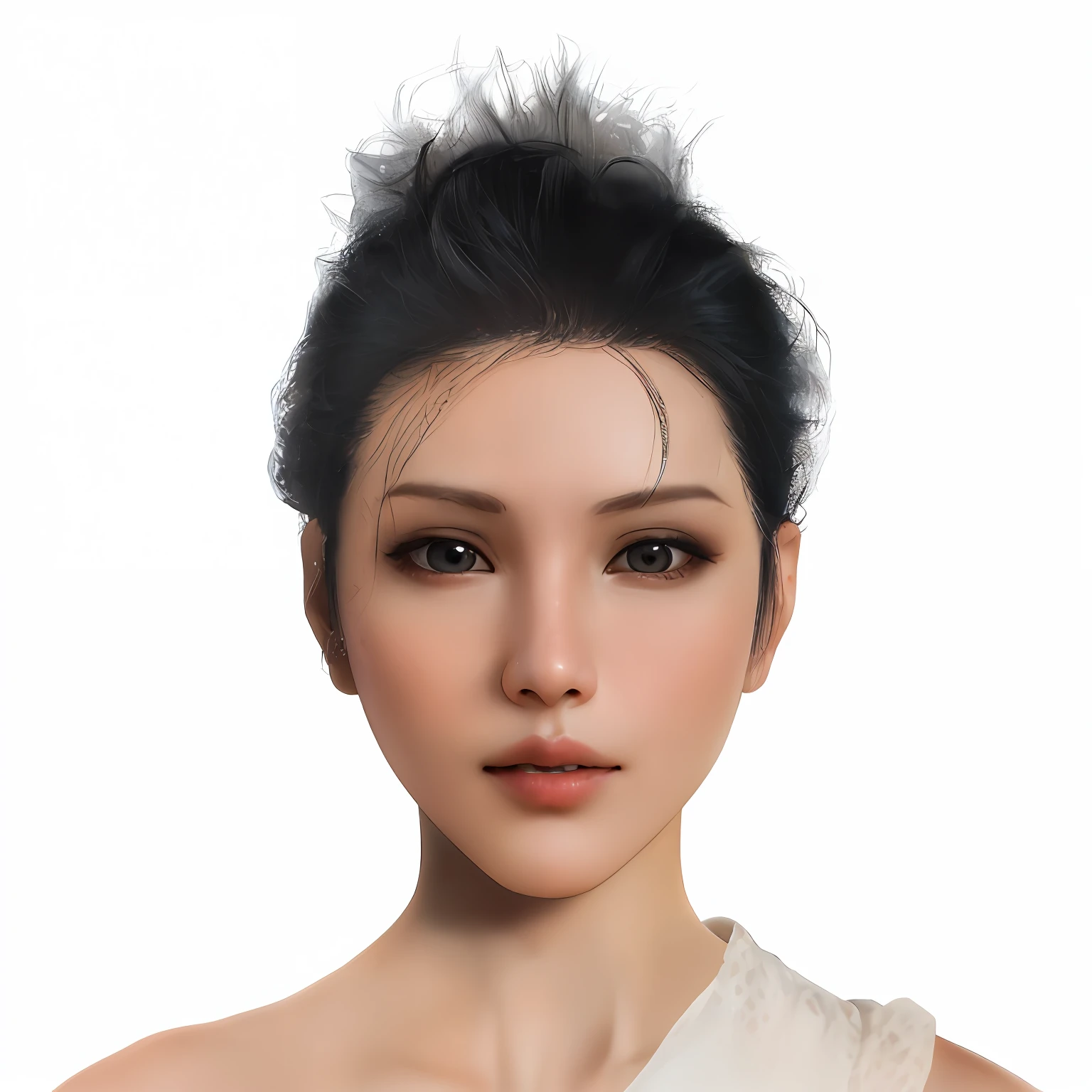 a close up of a woman with a white dress and a black hair, inspired by Sim Sa-jeong, with very highly detailed face, real detailed face, accurate detailed face, detailed face of a asian girl, realistic face and body hybrid, human realistic face, realistic restored face, single realistic face, 8K highly detailed face, Realistic facial details, Detailed realistic face