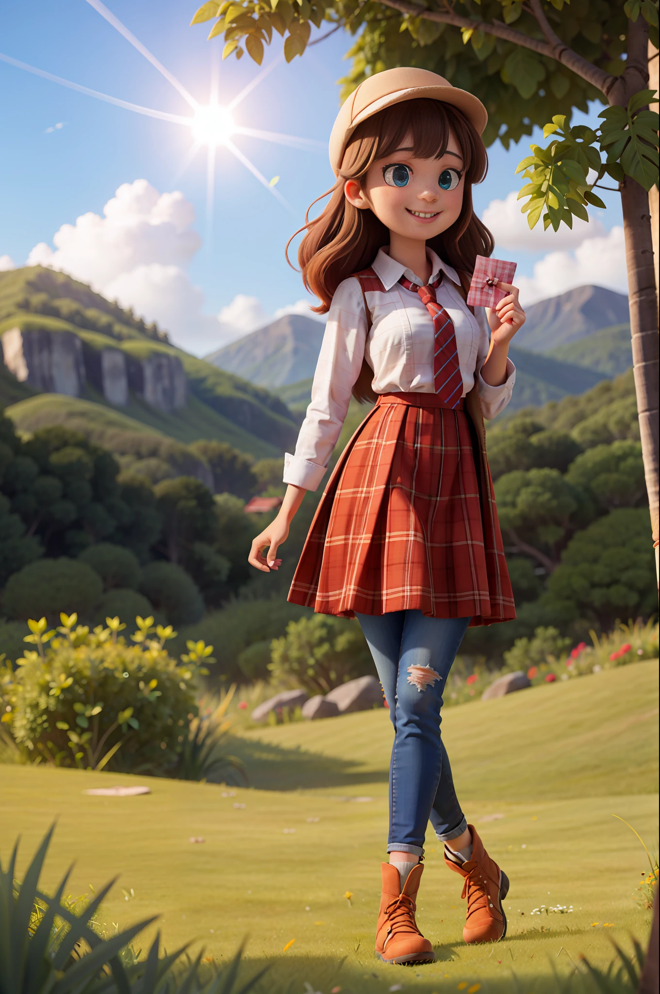 masterpiece, high quality best quality,black girl, bangs, beach, blue_sky, blush, bow, breasts, checkered, checkered_shirt, checkered_skirt, cloud, cloudy_sky, collarbone, day, envelope, giving, grass, hair_bow, heart, holding, holding_letter, horizon, incoming_gift, kazami_yuuka, leaning_forward, lens_flare, letter, light_rays, long_hair, looking_at_viewer, love_letter, mountain, mountainous_horizon, ocean, outdoors, plaid, plaid_background, plaid_bikini, plaid_bow, plaid_bowtie, plaid_bra, plaid_dress, plaid_headwear, plaid_jacket, plaid_legwear, plaid_necktie, plaid_neckwear, plaid_panties, plaid_pants, plaid_ribbon, plaid_scarf, plaid_shirt, plaid_skirt, plaid_vest, pov, shirt, skirt, sky, smile, solo, sun, sunbeam, sunlight, tree, unmoving_pattern