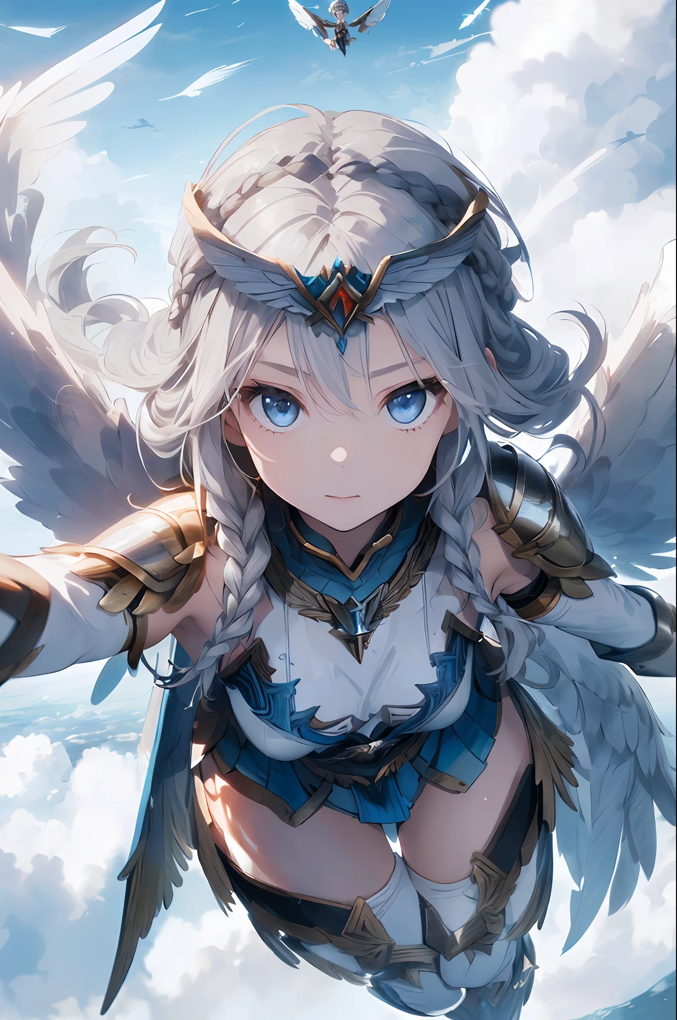 (((1Valkyrie of Man))))、(Silver hair braided hair with blue eyes)、((Feathered circlet))、((((white wide and large wings,,))))、(((Woman with well-formed face and body)))、(((on clouds)))、(((flying through the air)))、((Reach out to your audience))、((facefocus))、((dynamic angle))