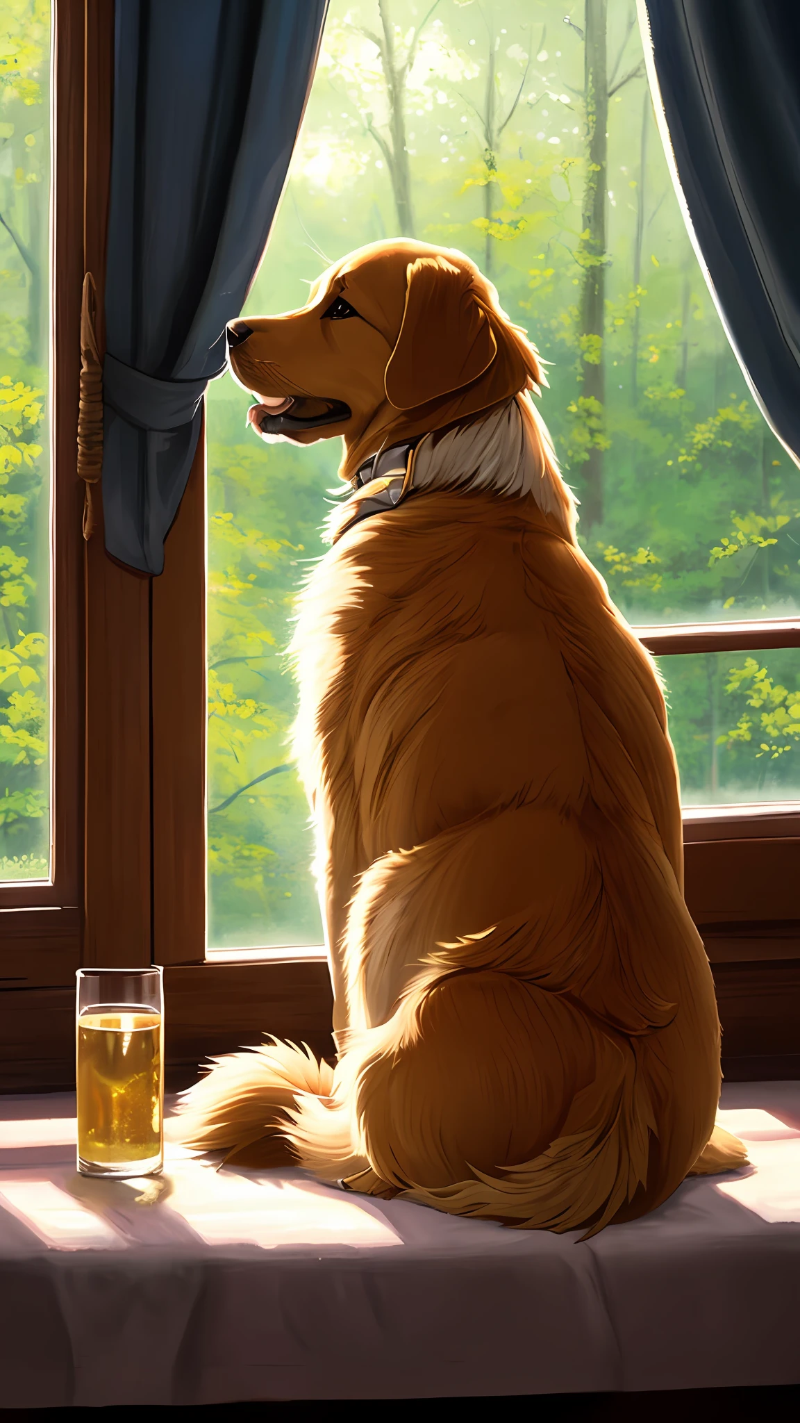(Best Quority:1.2),(masterpaintings:1.2),(realisticlying:1.2),closeup photo,A very cute golden retriever in the forest,Soft volumetric light,(looking ath the viewer:1.3),(The light from the back window is backlighted:1.3), (films:1.2),intrincadamente detalhado,masterpaintings
