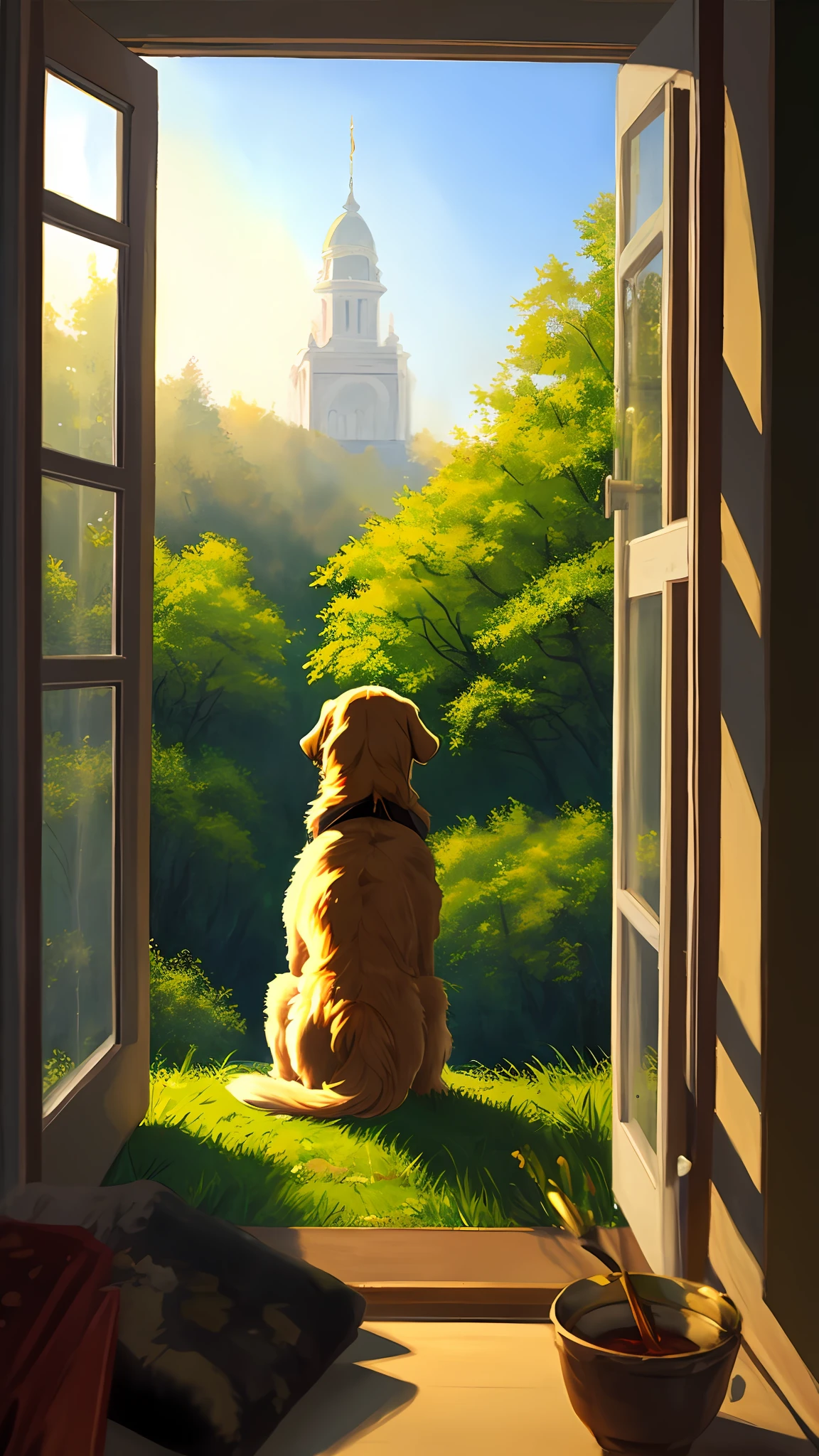 （Best Quority：1.2），（masterpaintings：1.2），（realisticlying：1.2），closeup photo，A very cute golden retriever in the forest，Soft volumetric light，（looking ath the viewer：1.3），（The light from the back window is backlighted：1.3）， （films：1.2），intrincadamente detalhado，masterpaintings