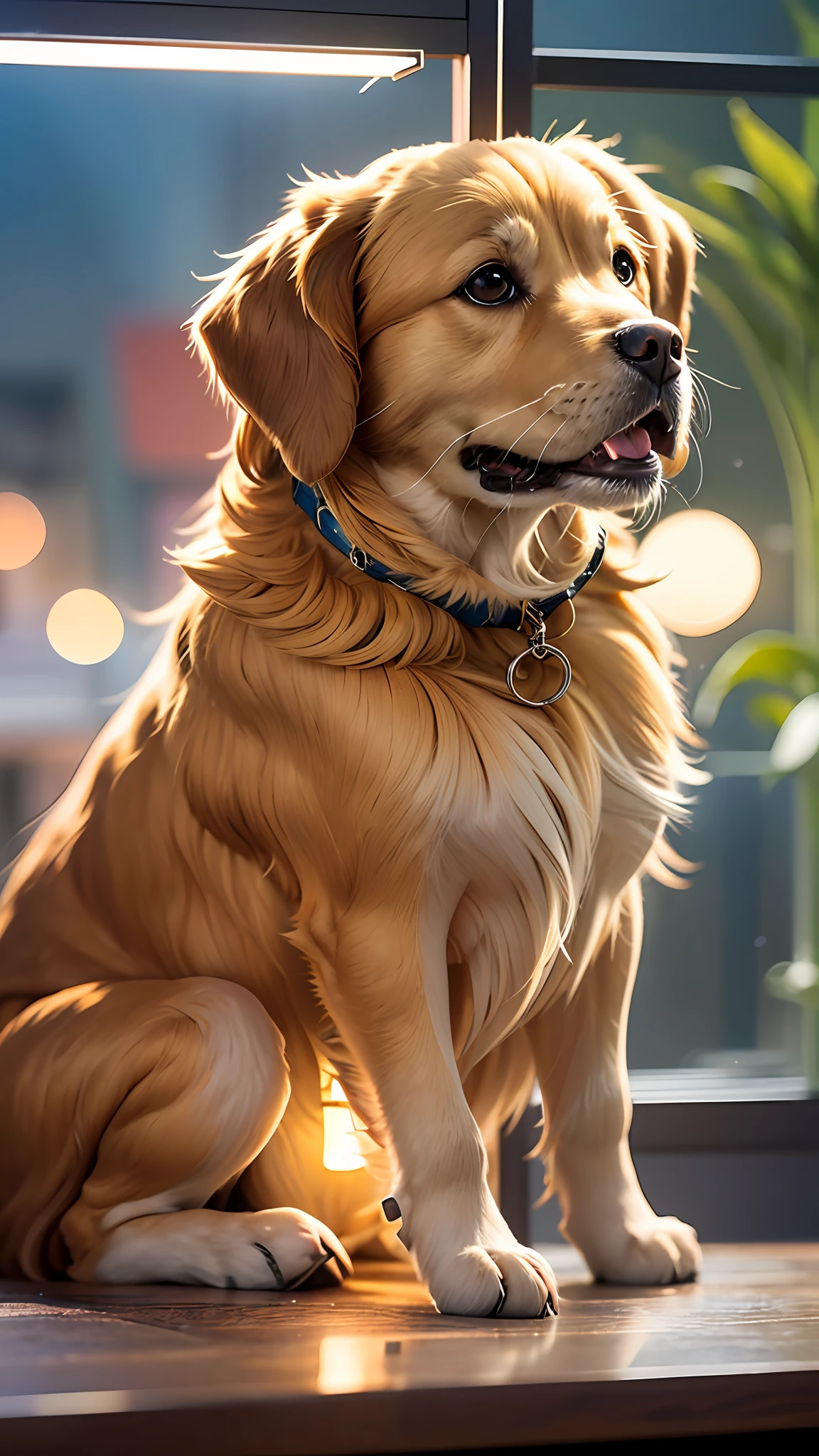 Close-up photo of a very cute golden retriever in the city,Soft volumetric lamp(The light from the back window is backlighted:1.3),(films:1.2),Complicated details(ArtStation:1.3),Rutkowski