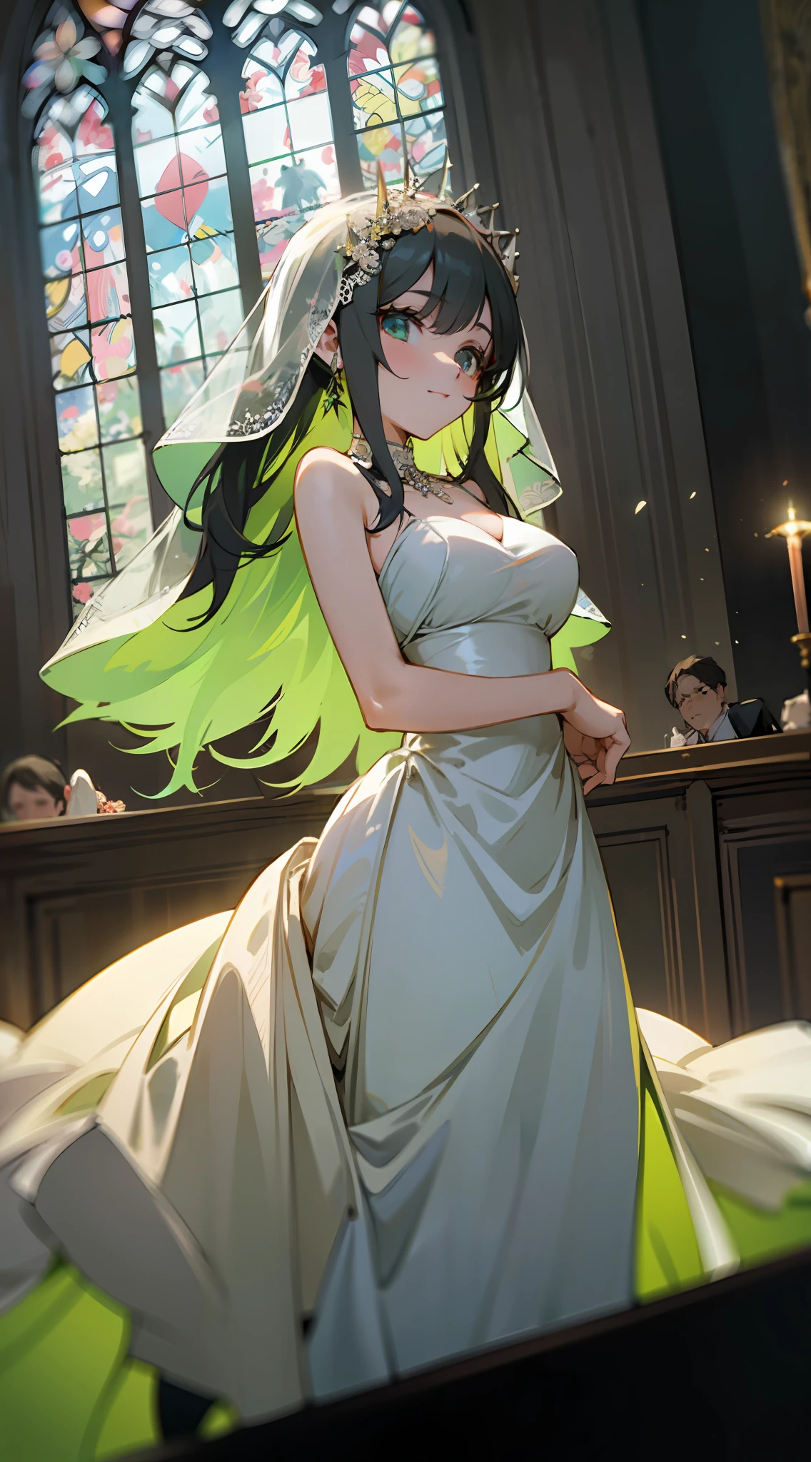 wearing a wedding dress、Inside the bright church、Black Long Hair、Large breasts、a beautiful female、Wedding、Costumes with green tints、Shining sunshine、