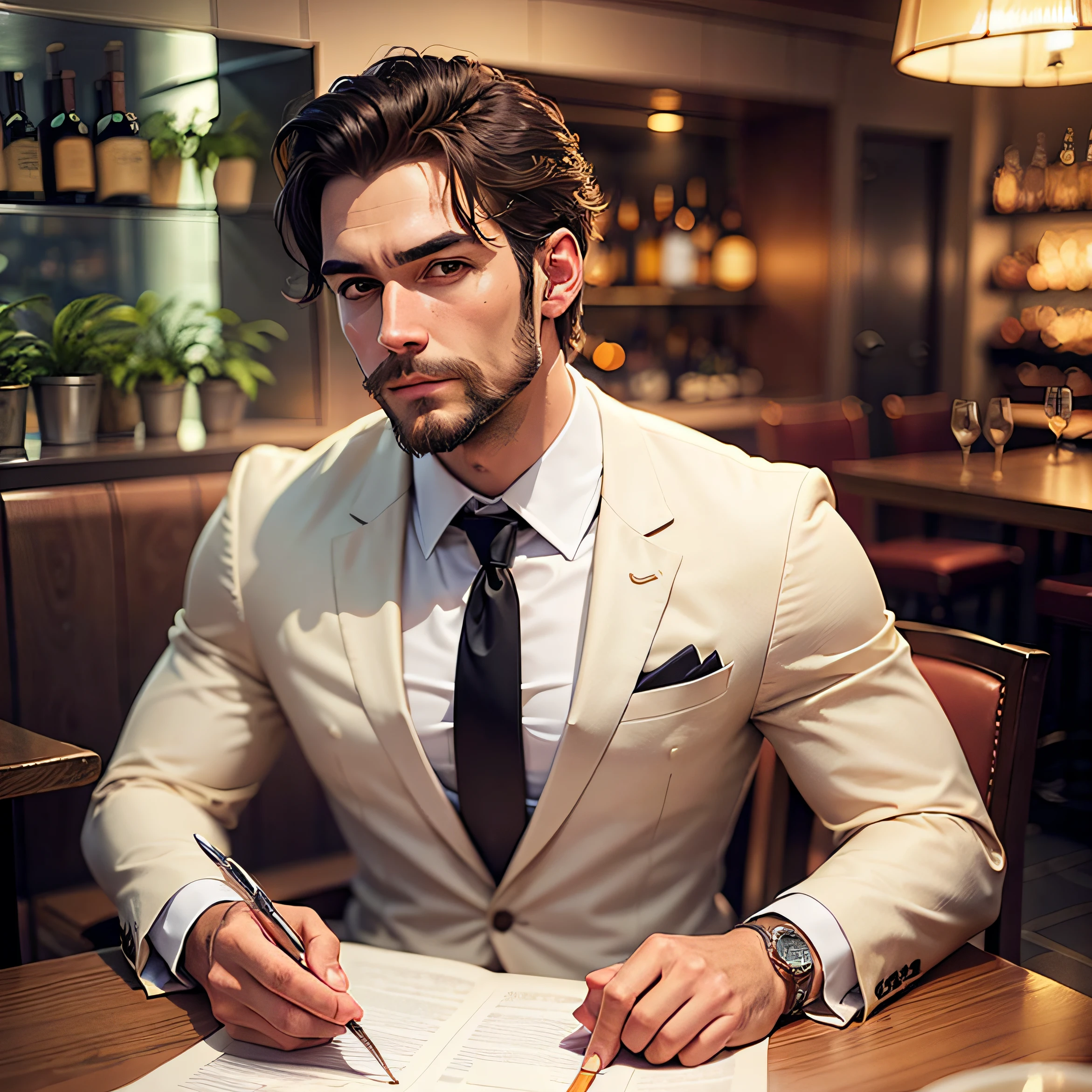 A man in a suit, with a short beard, sitting at a table in a luxurious bar. --auto --s2