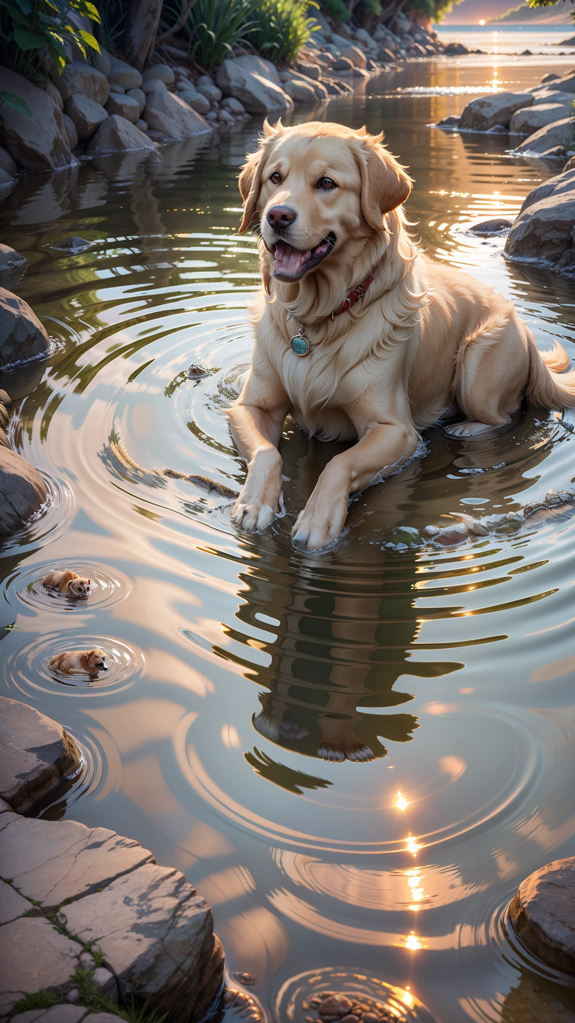 Golden retriever sitting on crystal clear river water and transparent sunset photo super realistic 4k