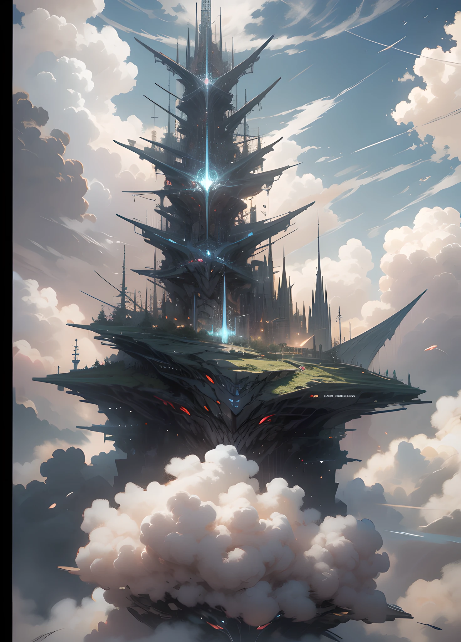 ((Best Quality)), ((Masterpiece)), (detailed), Giant Mech, Spread Arms, Perched on Clouds, (Fantasy Illustration: 1.3), Enchanting Eyes, Otherworldly Charm, Mysterious Sky, (Luis Royo: 1.2), (Yoshitaka Amano: 1.1), Moonlit Night, Pastel Colors, (Detailed Cloud View: 1.3), (High Resolution: 1.2), 8K