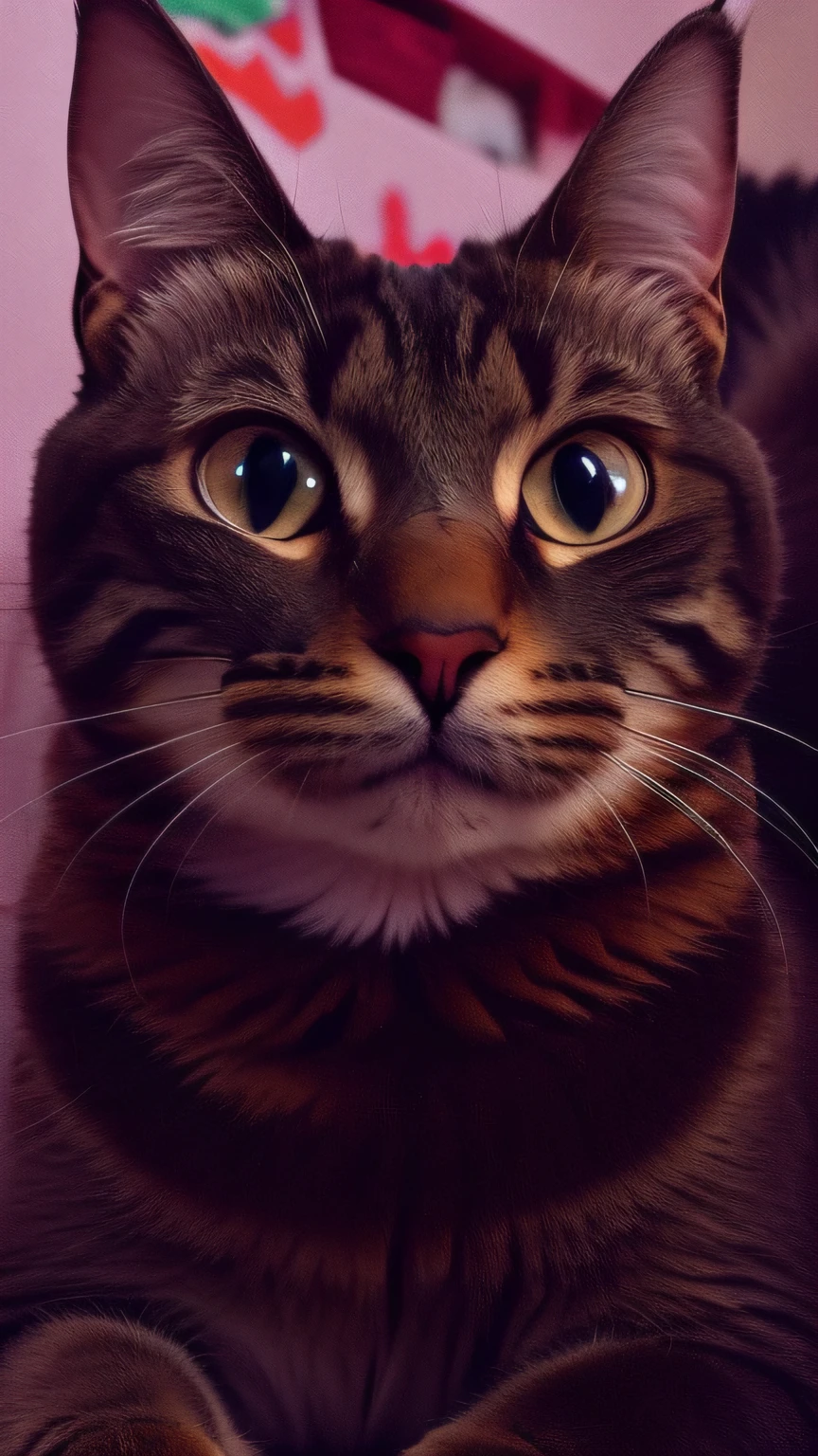 there is a cat that is laying down on a bed, phone photo, smileeeeeee, cat photo, cute cat photo, SFW, looking toward camera, close up cat, Cat face, garfield cat face, snapchat photo, Very handsome, it has a piercing gaze, Cute cat, Handsome Girl, smiling cat, iphone photo, glaring at the camera