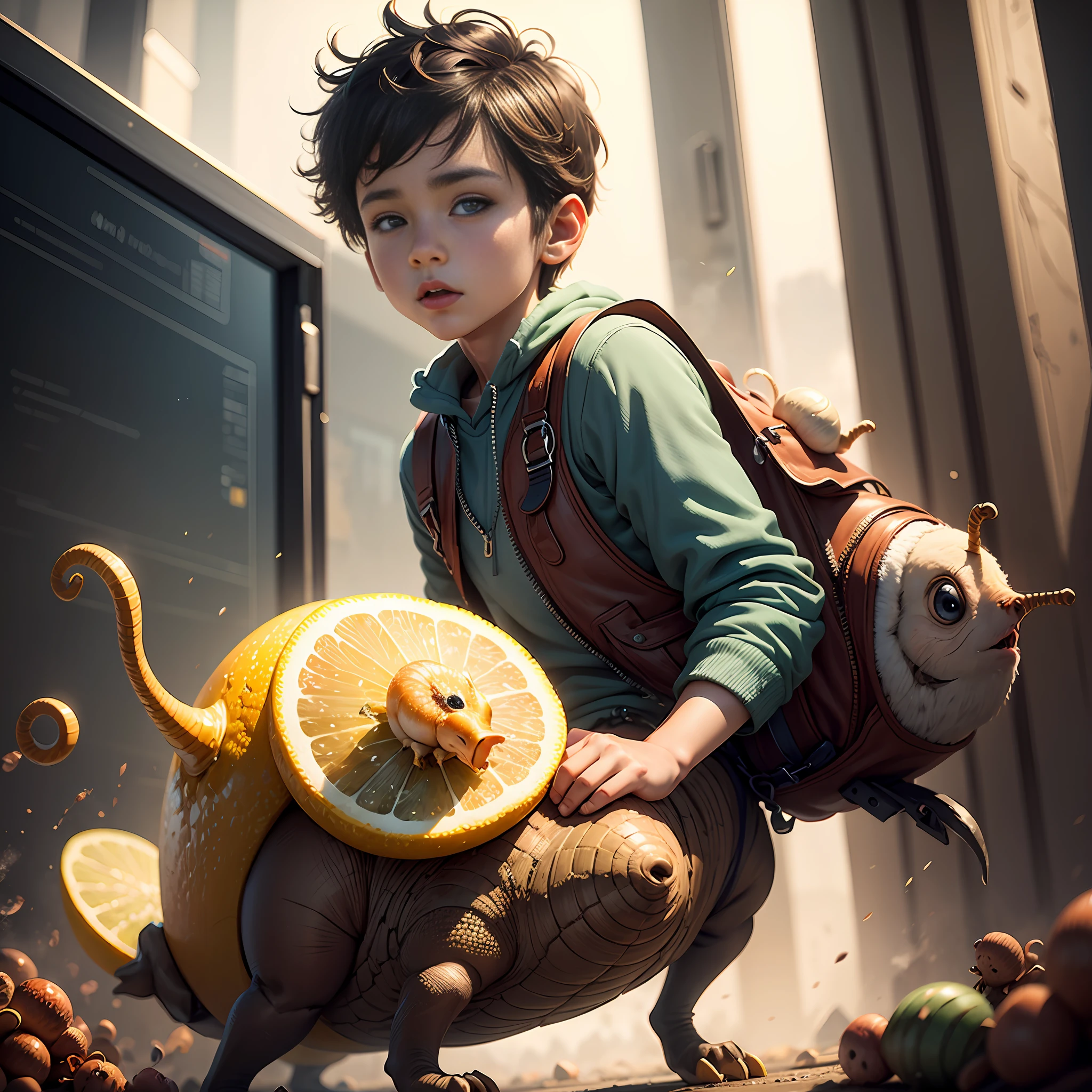 illustration Arts animated, colorful pixar animated,Boy Riding a Snail,HDR, Detailed Animation,detailed, cinematic art, animation style, Animation,Detailed,soll Background soft lighting, cinematic lighting, realistic animation, Realistic, unreal engine, cinematic, photography style, 32k, By Lee Sylvester Lemon 🍋 --auto