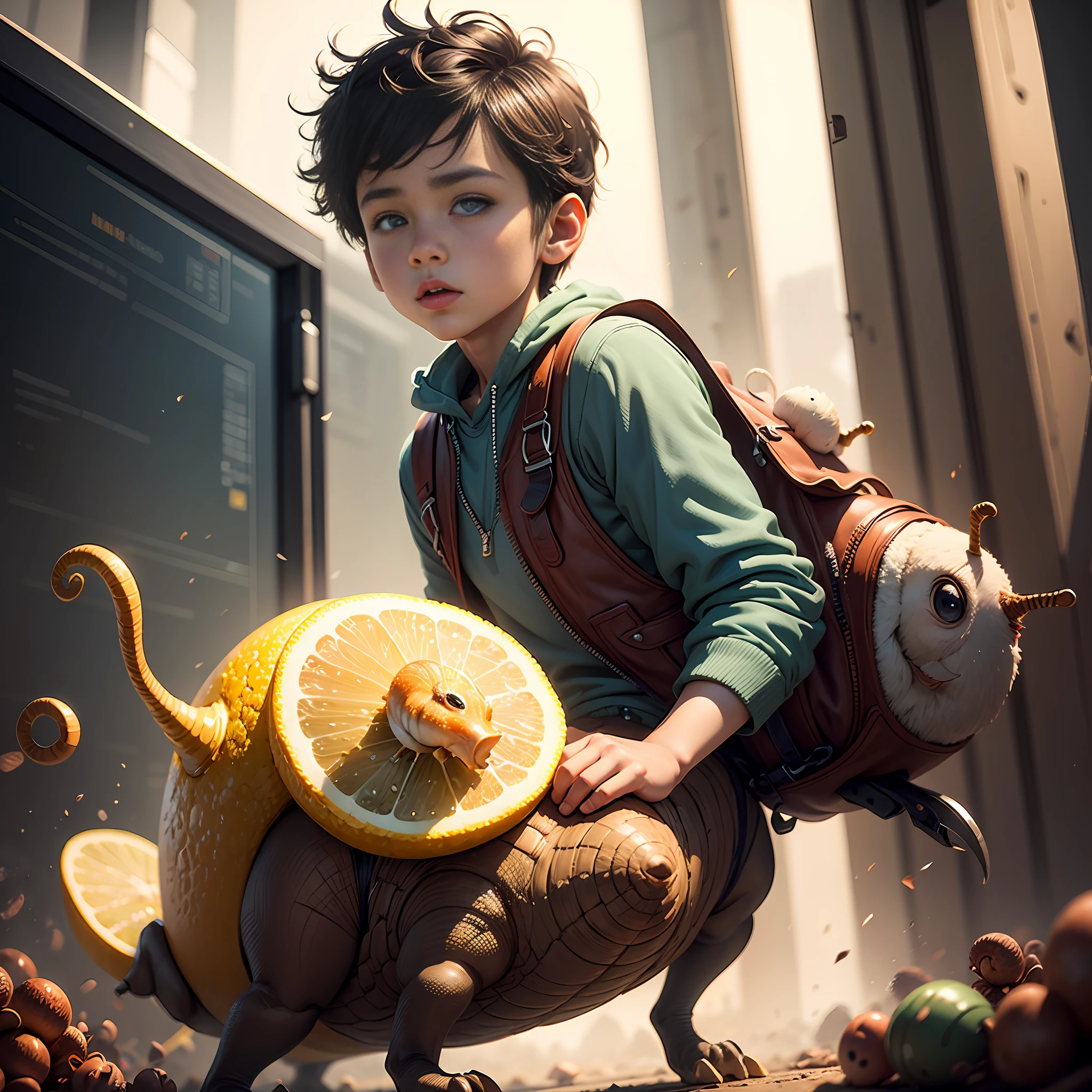 illustration Arts animated, colorful pixar animated,Boy Riding a Snail,HDR, Detailed Animation,detailed, cinematic art, animation style, Animation,Detailed,soll Background soft lighting, cinematic lighting, realistic animation, Realistic, unreal engine, cinematic, photography style, 32k, By Lee Sylvester Lemon 🍋 --auto