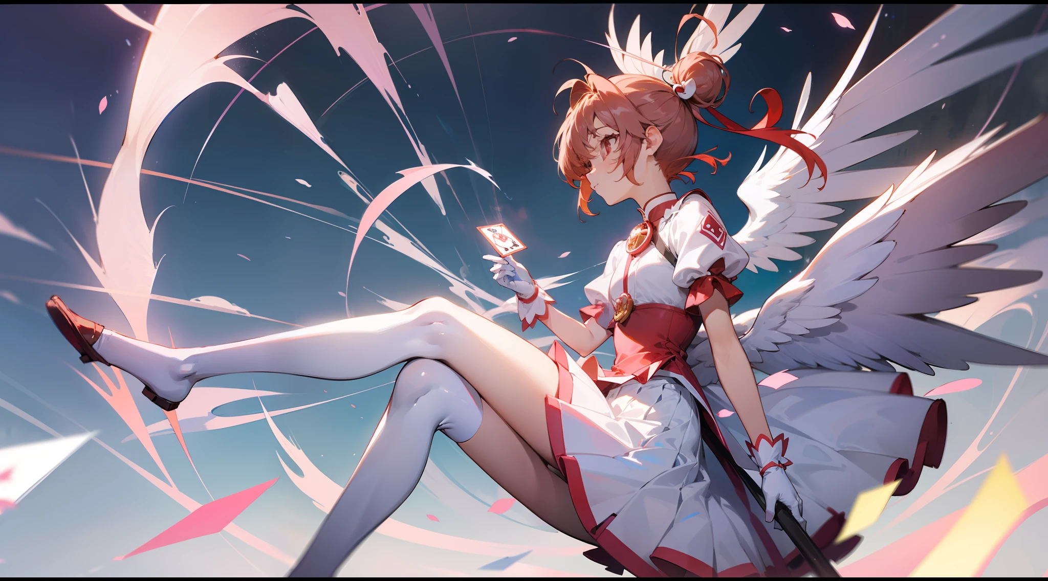 ((Masterpiece)), 1girl, cute girl flying through the sky, short hair, (sakura_kinomoto:sakura card captors), white leotard, white pleated skirt, pink tight gloves, ruffled stockings, beautiful wings, perfect body, sexy body, petite, super beautiful, panorama, side view, looking away, good anatomy, good hands, good feet, good eyes, best quality, masterpiece, absurderes, cinematic lightning