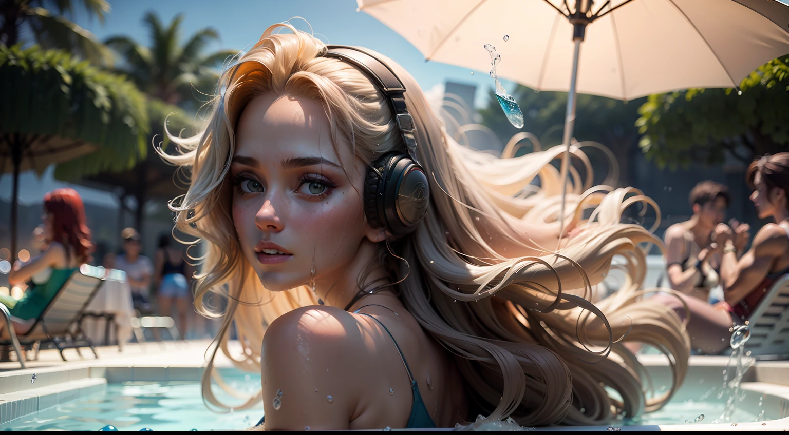 Villa pool, sun umbrella, loungers, drinks, swimsuit beauty in the water, long hair throwing out beautiful arcs, wet hair, water, water droplets, splashes, many people around, music, high quality, high resolution, super fine, detailed, accurate, master works, cinematic lighting, dynamic perspective