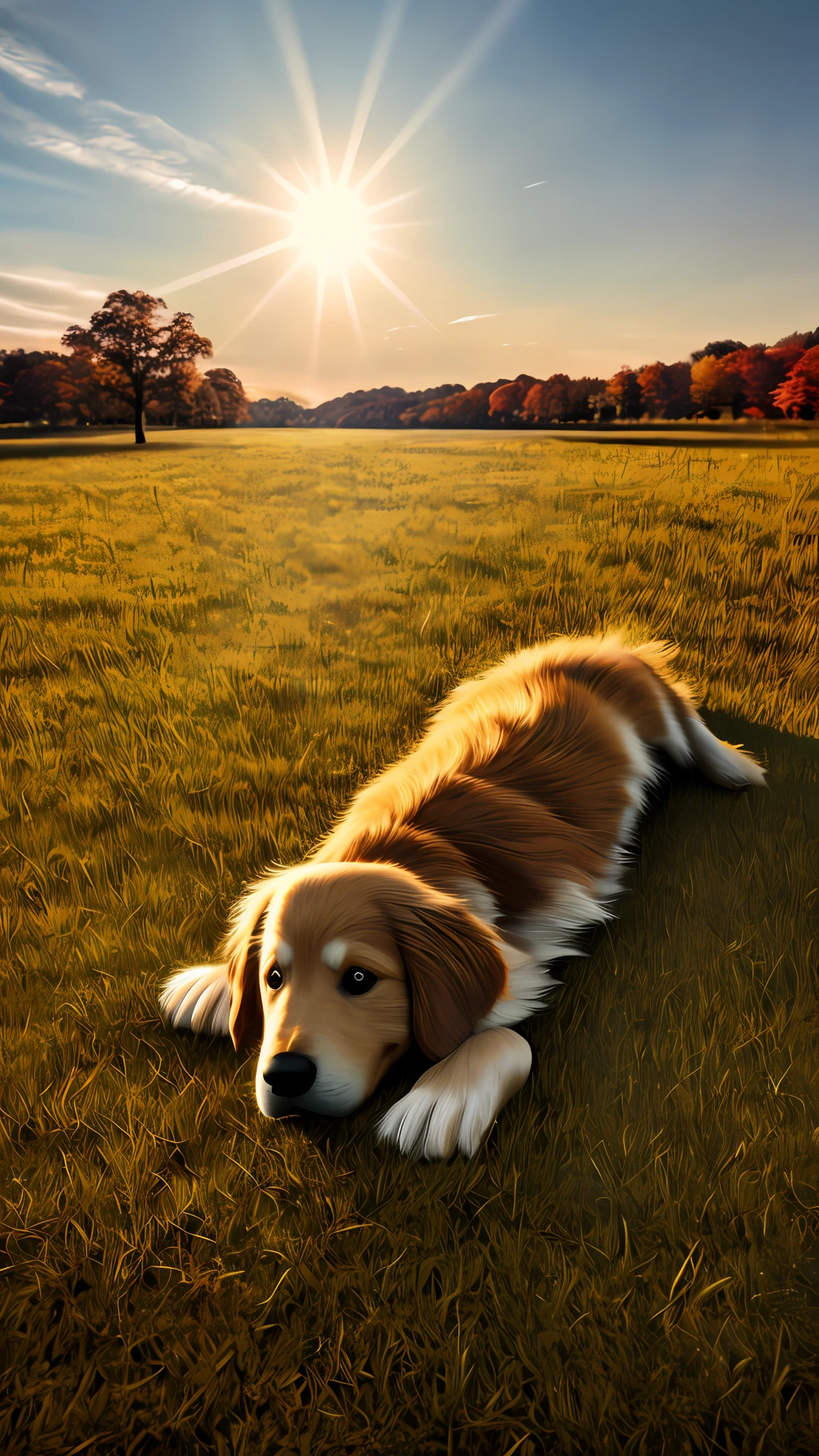 3d rendering of texture photo of a cute golden retriever rolling on grass，It is golden at sunrise in autumn，moon full，No mirrors，prime number，polarized light，HDR。