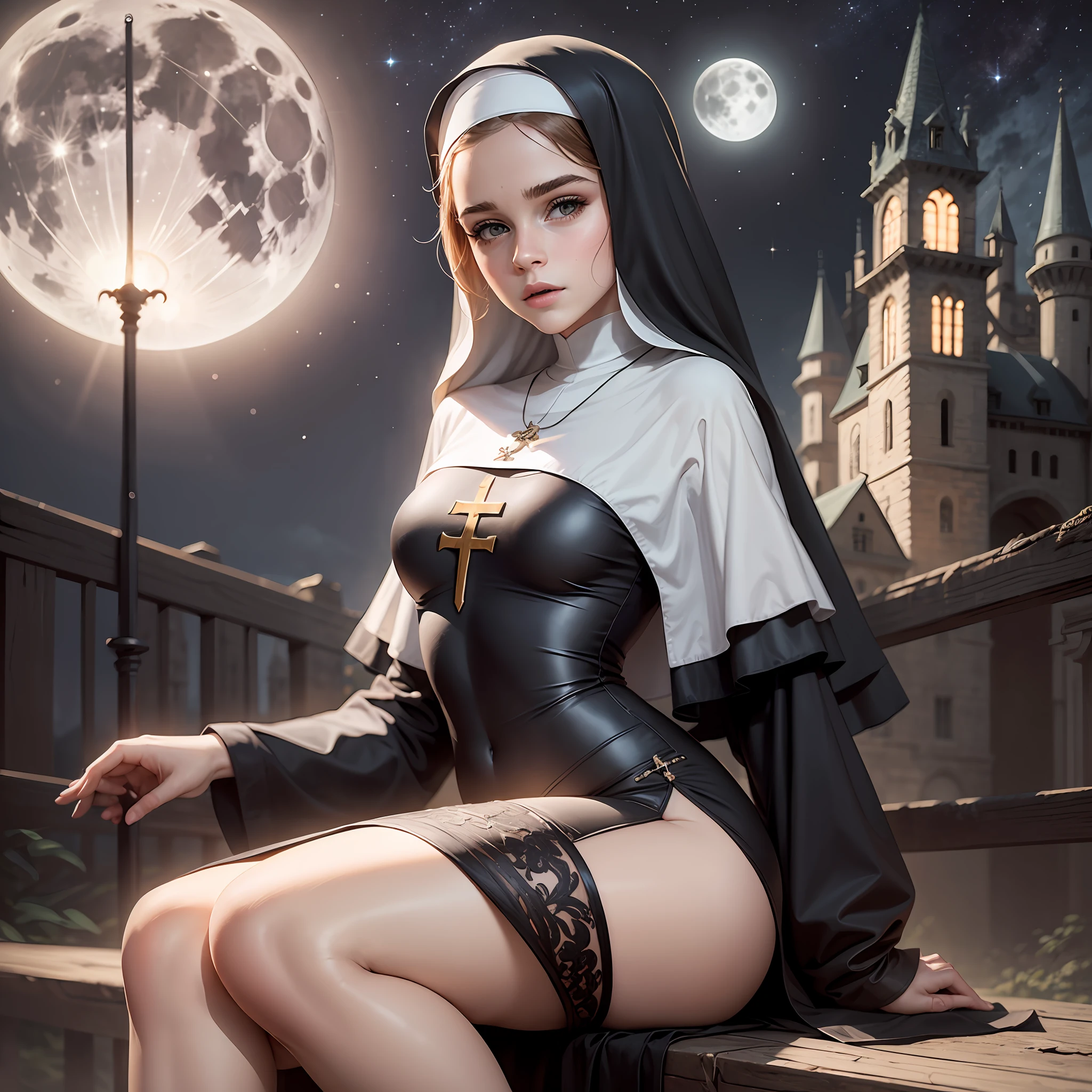 emma watson as a female nun sitting on a fence. tight intricate costume. slender body. medieval castle. night. background moon.