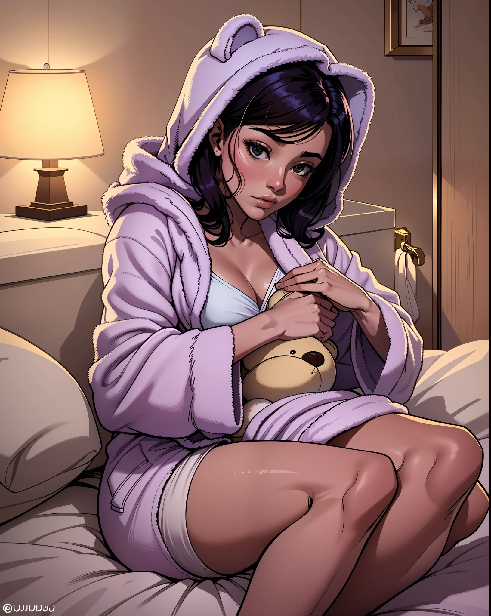 (Almofadas:1.2,plush bathrobe:1.3,criado mudo:1.1), Girl lying in bed with her teddy bear, abajur em meia-luz, estrelas no teto, tranquilidade, Cena noturna, liso, aconchegante
