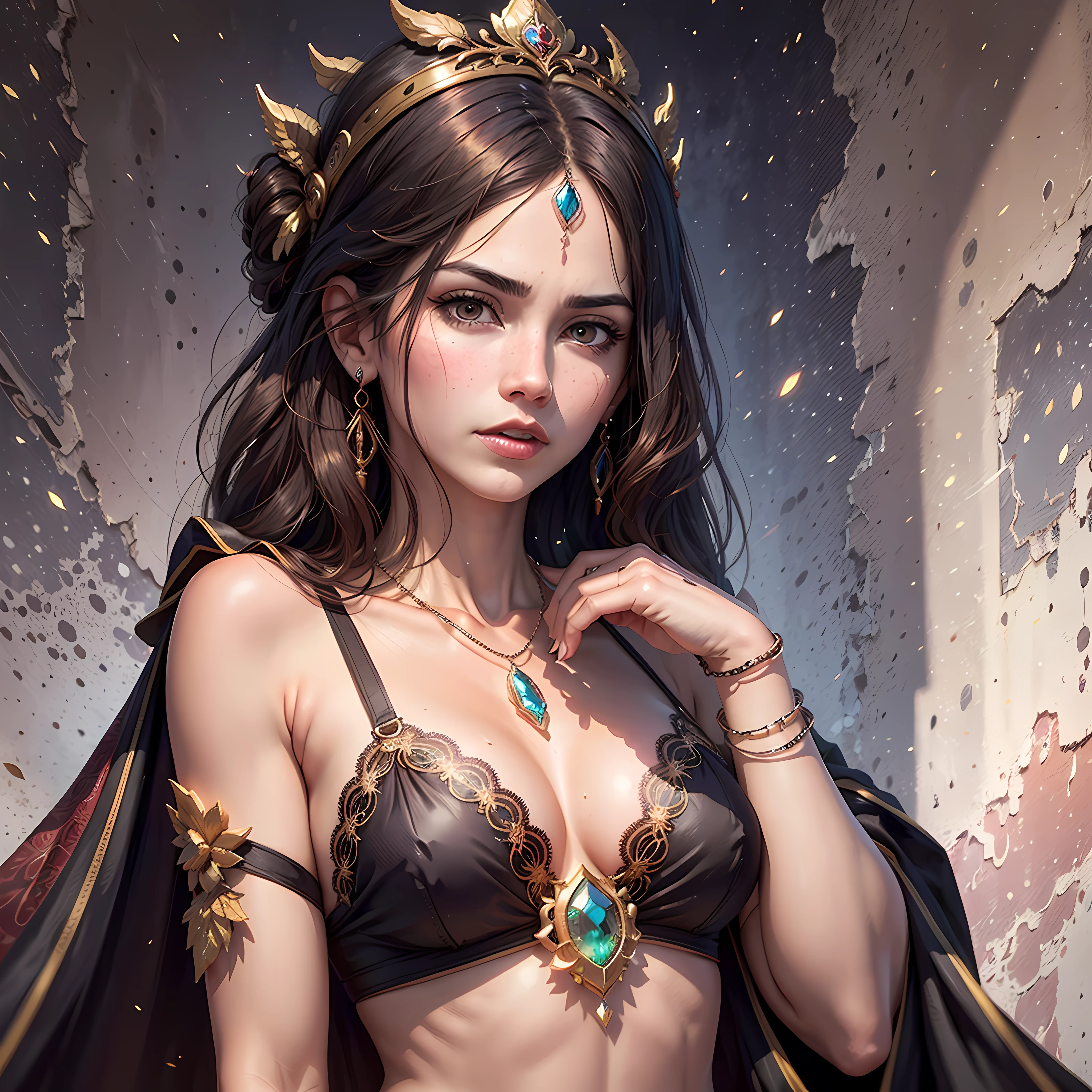 Quality - unparalleled masterpiece, ultra realistic 16k CG, Perfect artwork, (Detailed accessories),
Character - Fashion ultra beautiful Latin American girl, (perfectfemalebody), Mature female, Narrow waist, Clean, Beautiful face, Pure face, Pale skin, absurdly long golden hair, (F cup of large breasts, breasts in, puffiness, small, middle areolae), Divine goddess, Shiny skin, dent in the skin, (Rich:1.2), Colorful eyes,
Background - (The sky is dreamy,Colorful cloudscape in the evening):1.5, The beauty landscape of the cosmic sea gradually entered our retinas, On the luxurious roof balcony of the ancient and complex Royal Palace,Lift a perfectly slender leg above your head in gorgeous baroque style,
Cloth - (Chinese embroidered hollow cloak,Translucent lace, Lace trim, lace-trimmed legwear, delicate patterned, intrincadamente detalhado, prestige, Gorgeous, (Jewelry chain to rope by Japanese bondage with diamond pattern and bracelet necklace):1.5,
Emotions - sexy and a bit of anger expression, Pout, Shy, Blush, Ear blush, puckered lips,
Light and shadow - adjust light and shadow according to the shape and position of character and objects, reflective light, Ray tracing, SPEEDLINE,
proportion - absolutely accurate human anatomy, clear text, best for human proportion and size,
viewport- looking at viewer, eyes reveal challenge and temptation,
