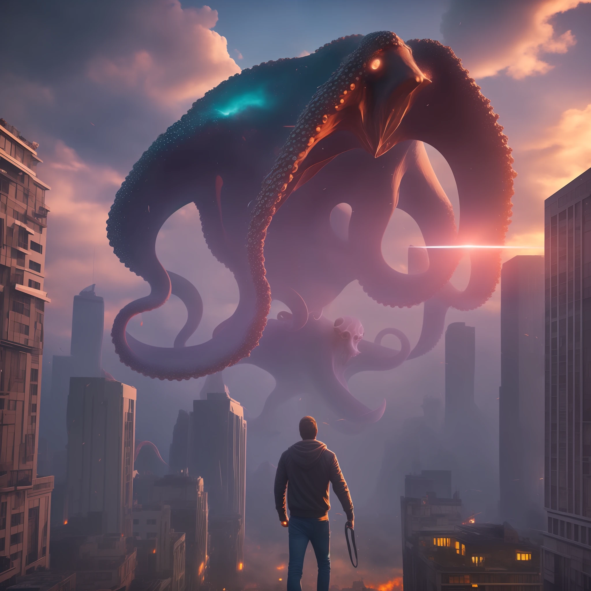 Ultra realista, 4K, detalhado, giant humanoid octopus coming out of the sky destroying a city