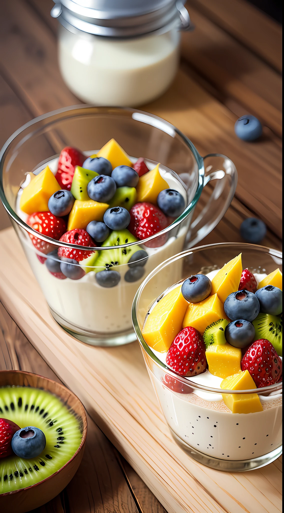 2 tablespoons chia seeds 1 cup milk (can be cow's milk, vegetable milk or yogurt) 1 tablespoon honey or other sweetener of your choice 1 teaspoon vanilla extract (optional) Chopped fresh fruits (For example, strawberries, kiwi, mango, blueberries, etc.) for topping --auto --s2