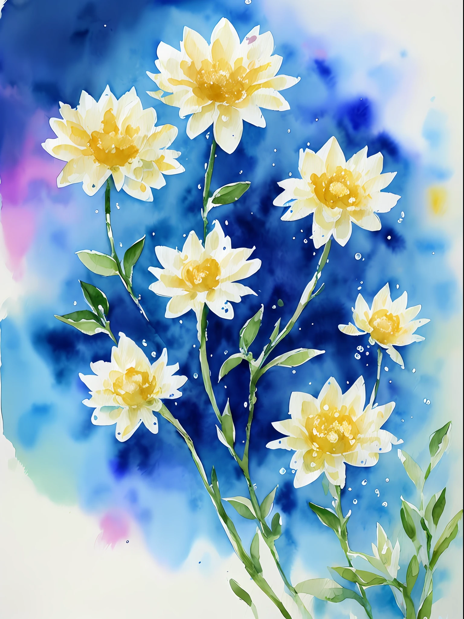 watercolor, flower, beautiful, watercolor style, flower and leaf patterns, wet on wet technique, muted, indigo, fabric design, flat illustration, highly detailed clean, vector image, masterpiece, professional, isometric, bright vector, white background, dry brush, brush strokes, painted on canvas, by J.M.W. Turner. expressive marks.