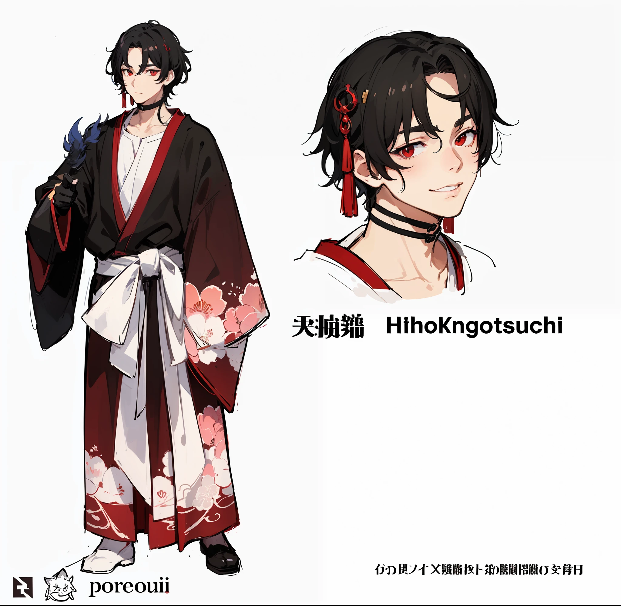 ((masterpiece, best quality)), (1man), (solo), (male focus), (black hair, long hair), (red eyes)), neutral expression, closed mouth, (kitsune ears, kitsune tail)