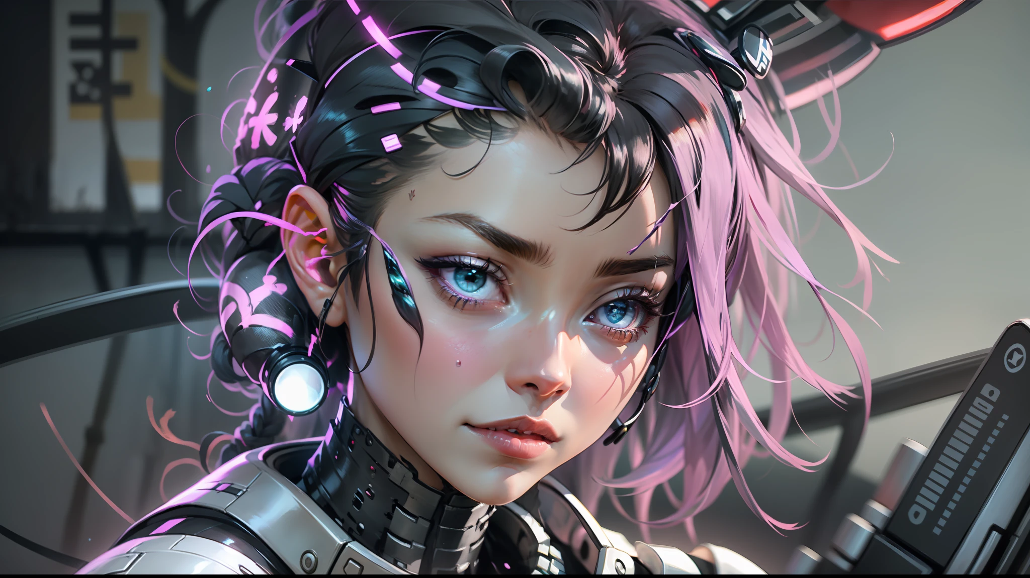 Mulher ninja com fone de ouvido sentido paz, olhos fechados, rosto bonito, cores RGB, cabelo roxo brilhante, colorido anime, fundo brilhante, Banner for youtube video,  feliz, nuvens com cores RGB, cores RGB brilhantes, completo, ser celestial.