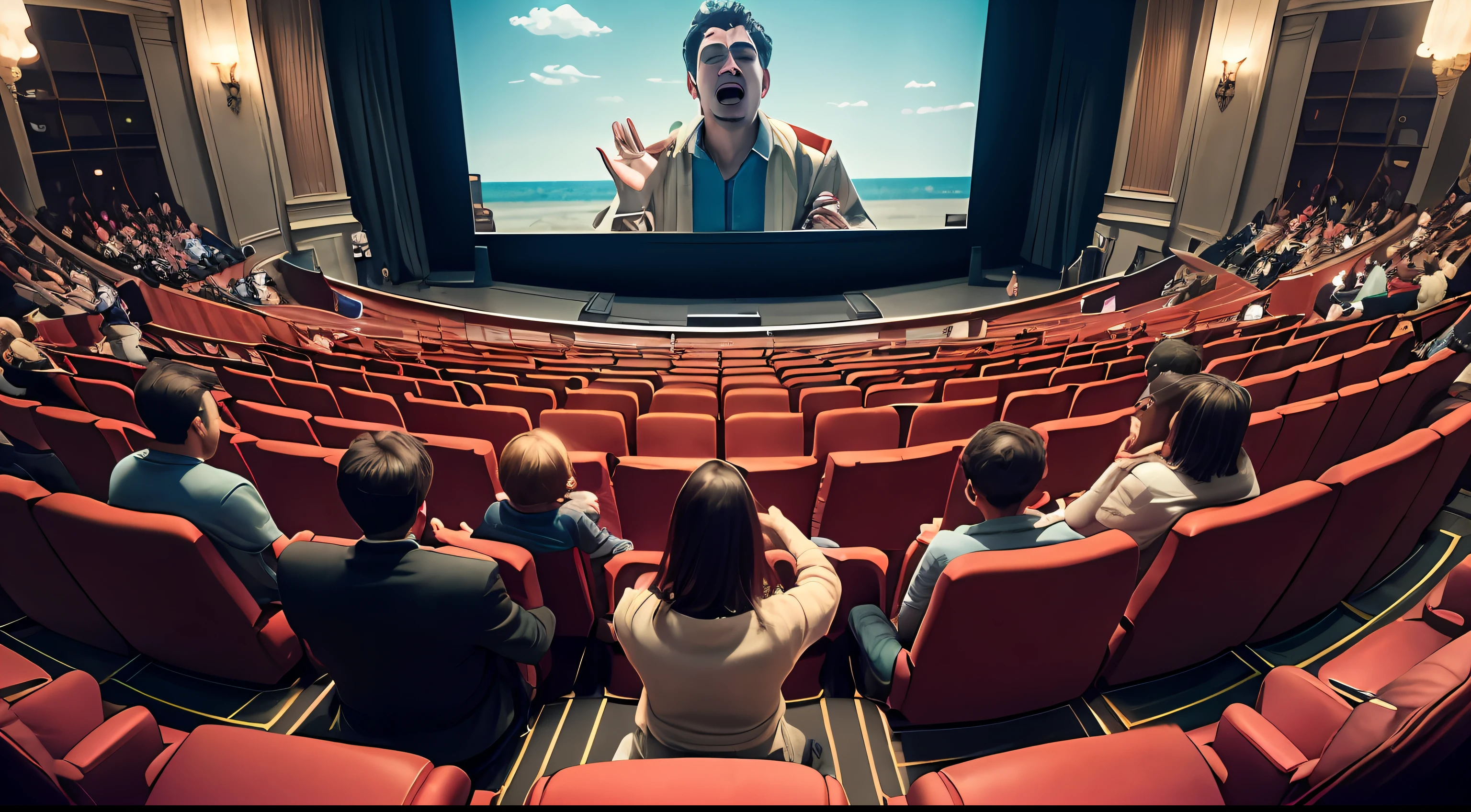women and children in the cinema、Young men,Sit in a red seat,Eat popcorn,Watch a movie,Face the back,Top-down view,Several men raised their hands and cheered,Happy atmosphere CG --auto