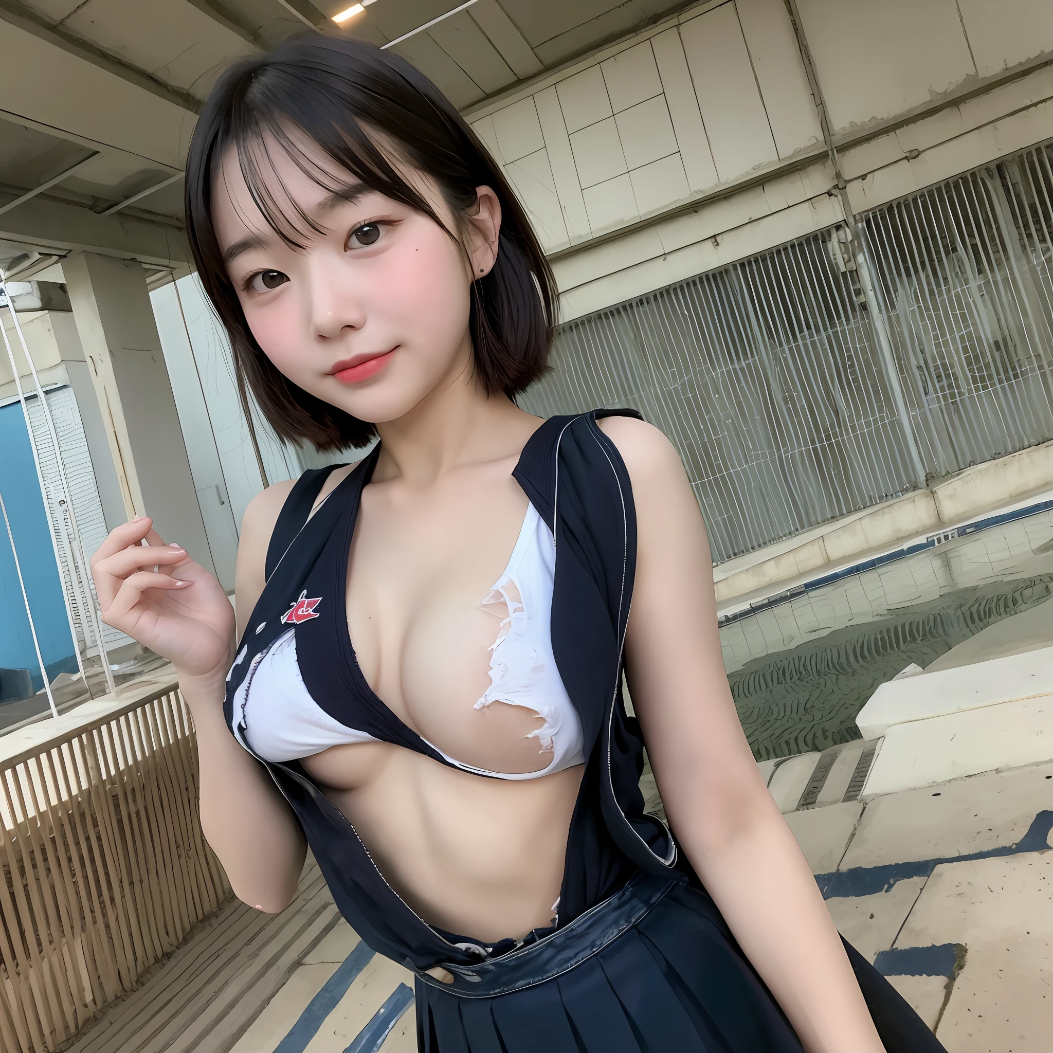 realisitic、reality、A schoolgirl、High school students、younger sister、Upper milk visible、Chest emphasis、Baby face、boobs loli、small tits、I look down on my brother with a smirk.、??、Idle face、Eyes are erotic、The body is erotic、Sexy and beautiful skin、Loved by everyone、japanes、A schoolgirl。Chest Pose、Overall view、Chest Pose、Hands pressed to chest to appeal to small breasts、Slouch、Slouching posture、??????、Chest holding pose、realisitic、Short Half Twin Tail、Shorthair、Pitch darkness、school swimming pool、Big Appeal、Skewater with high exposure、?????? water under shirt。No skirt。