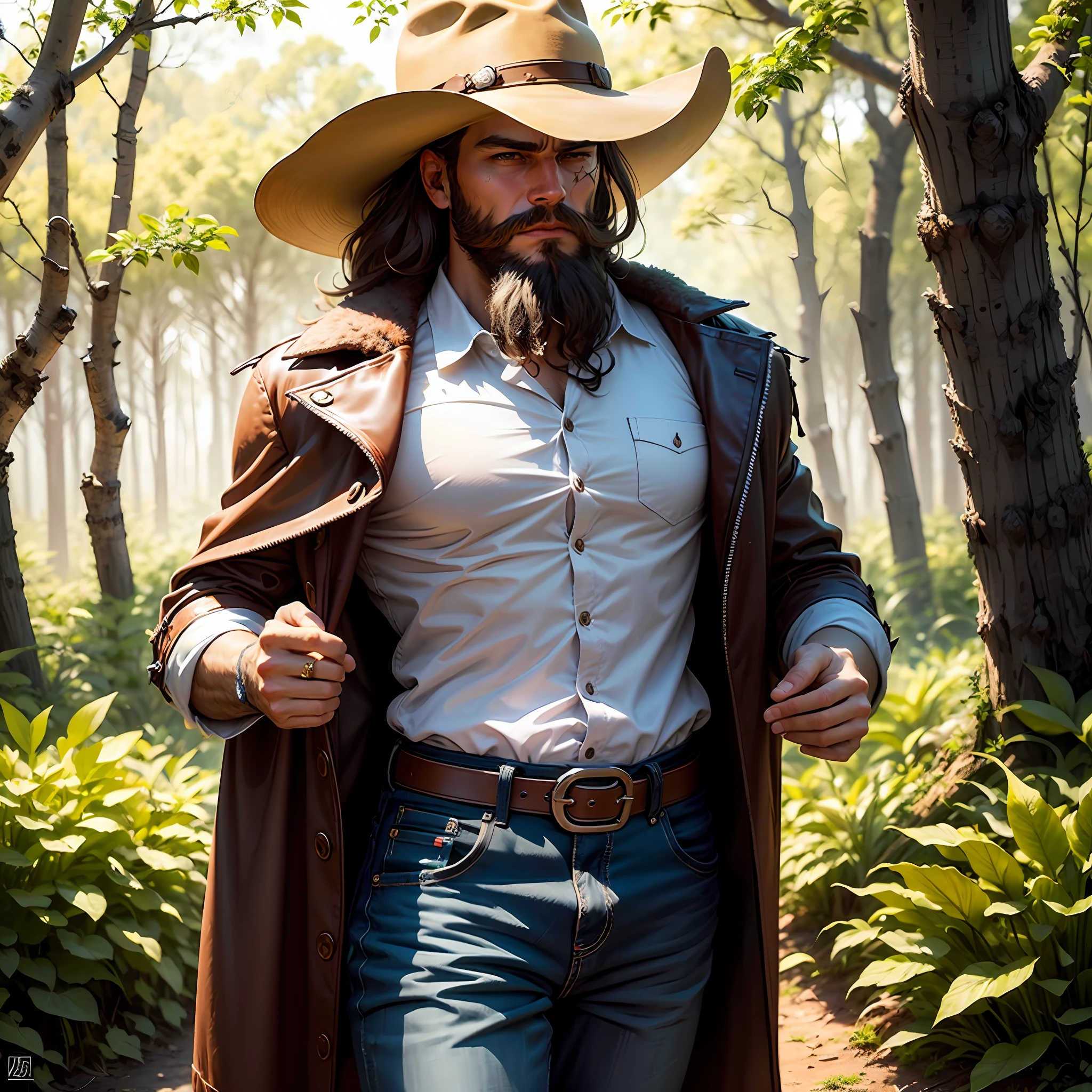 (Parte superior: vestimenta de cowboy), (Parte frontal: Dan vestindo roupa de cowboy, big beard and hat on face), floresta, close-up a partir das costas com um olhar para um rancho ao final da floresta, estilo anime. --auto