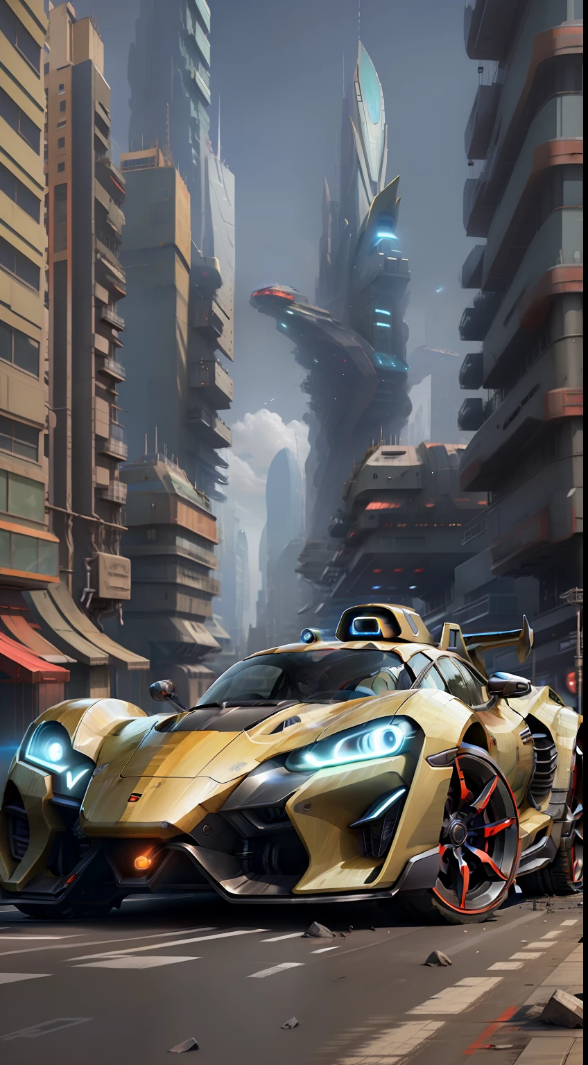 A futuristic sports car on the street of a futuristic city