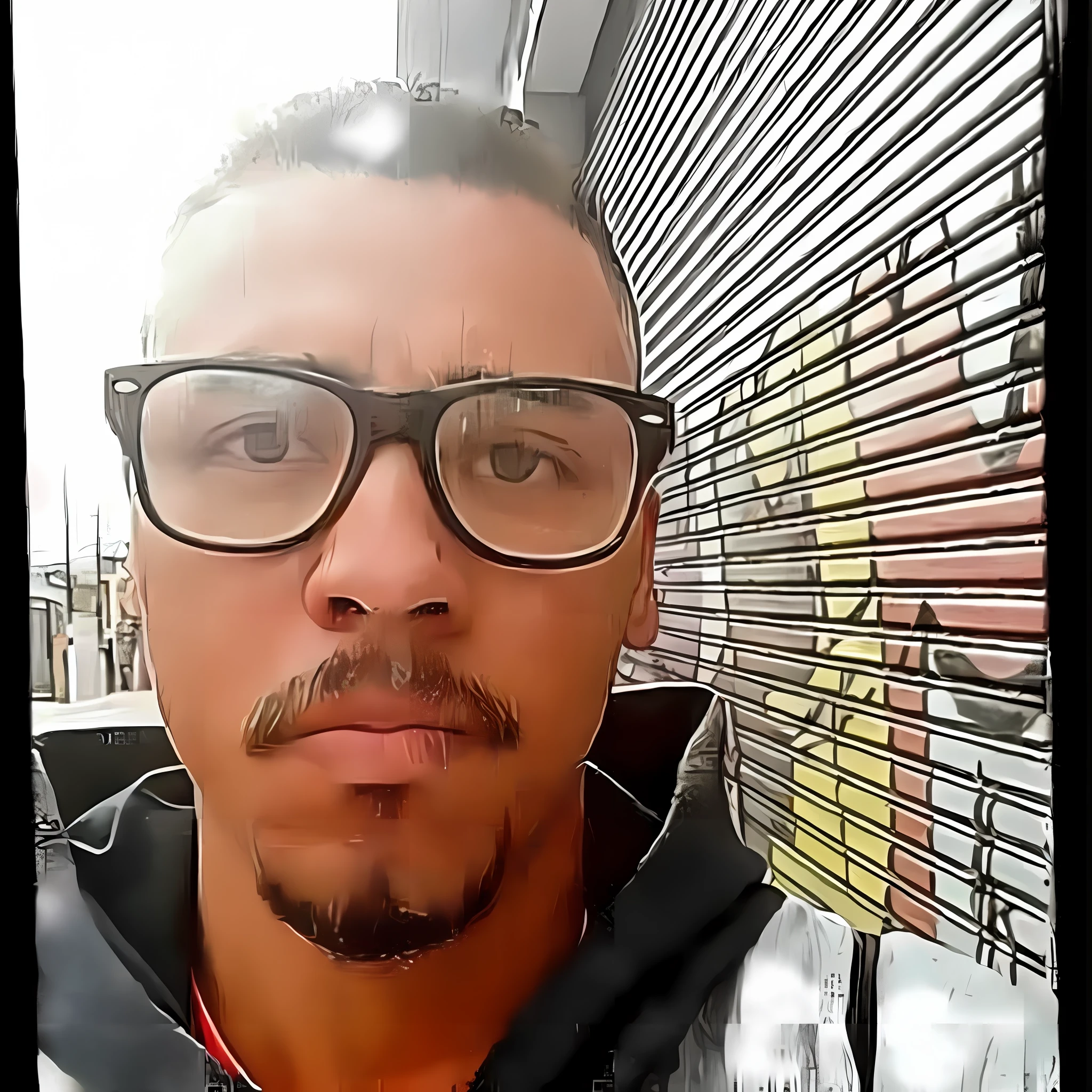 there is a man with glasses and a beard standing in front of a building, inspirado em Christopher Williams, with glasses and goatee, inspirado em Gerald Kelly, foto de perfil, com nerd! glasses! e cavanhaque, with nerdy glasses and goatee, taken in the early 2020s, olhar em branco, cavanhaque curto, inspirado em Francis Ernest Jackson