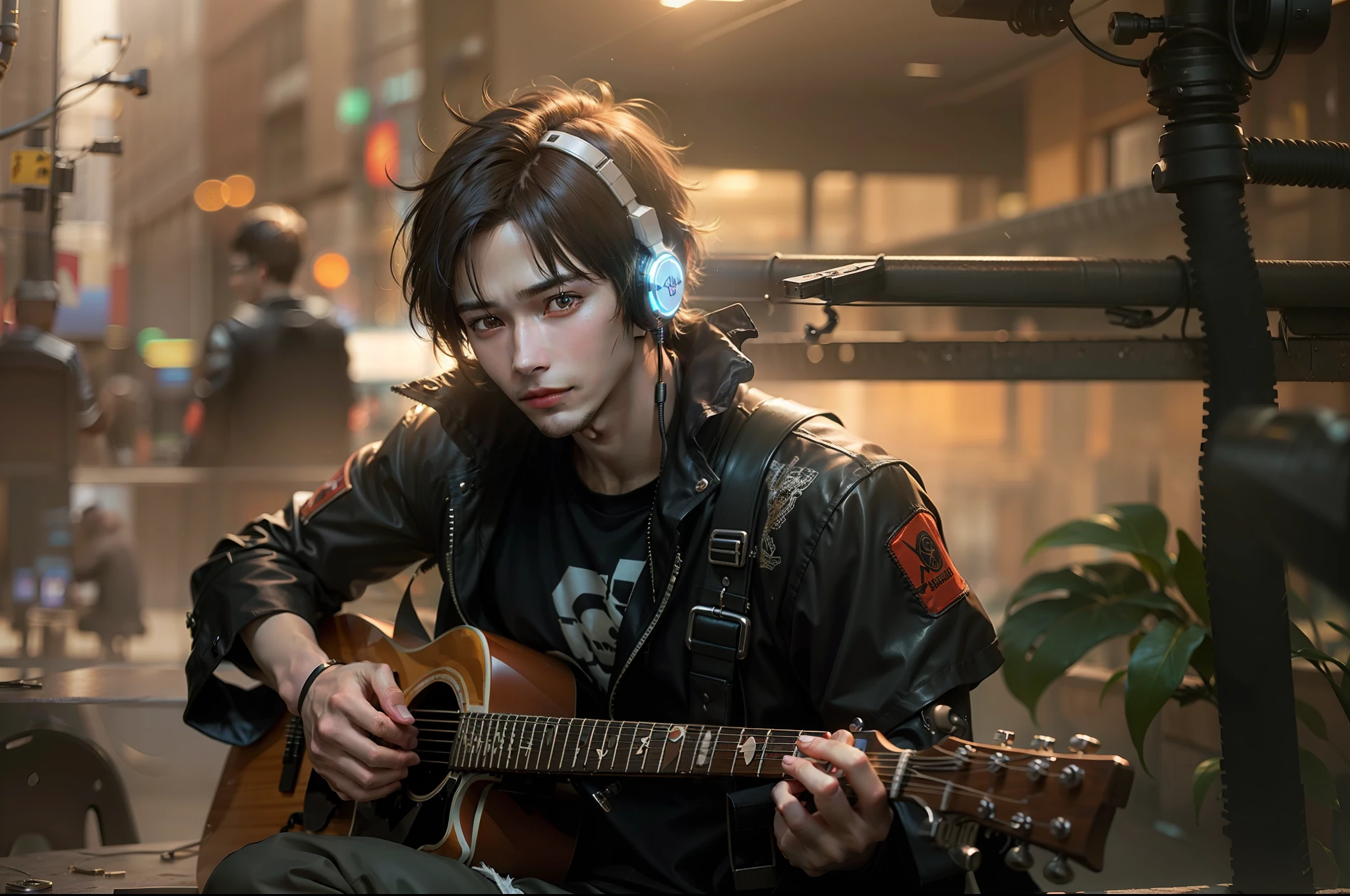 Cyberpunk, handsome boy, realistic face, with headphone,playing guitar, high details, 8k quality,