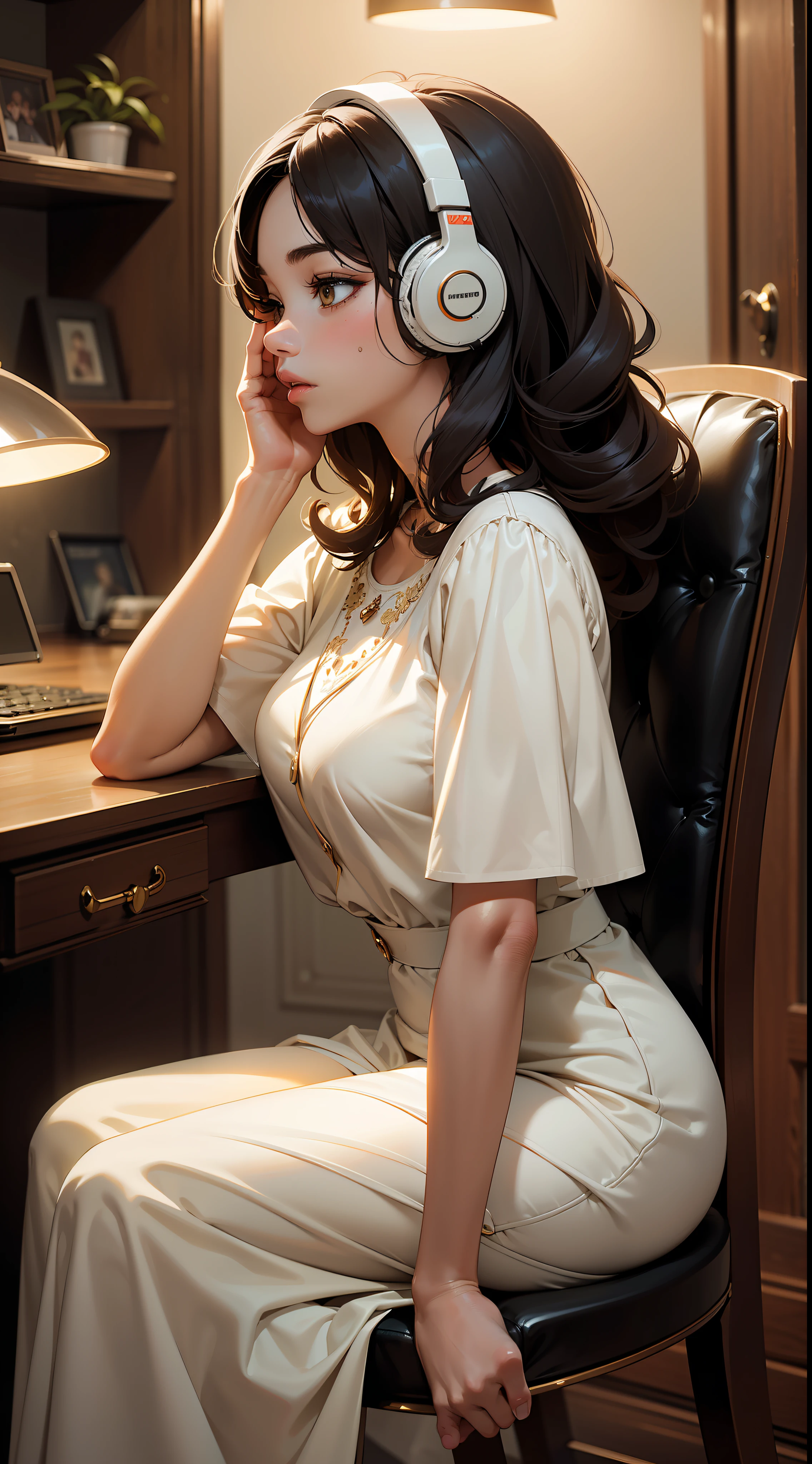 (masterpiece, best quality: 1.4), ultra-detailed, soft light, night light, natural lighting, cinematic light, film grain, (depth of field), (1female, background: 1.4), (brazilian), ((skin black)), (full body), mature woman, perfect female shape, (perfect face, detailed face, glossy lips, eyeliner), (curly hair), (dress), (mixtape: 1.4), (headphones), (sitting in a chair), (in profile)