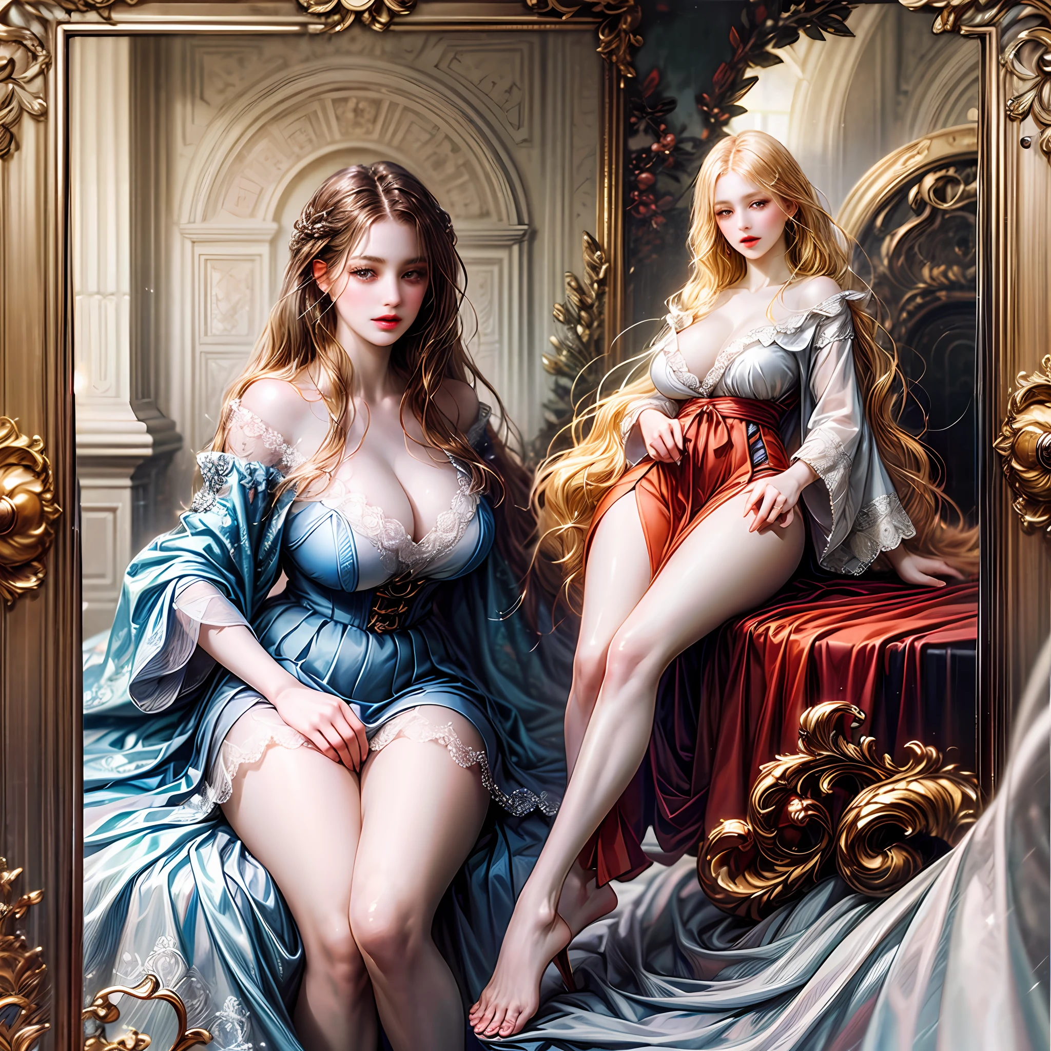 Solo, High Resolution, Best Quality, very high image quality, ultra hyper-detailed, ultra realisitic, photographrealistic, super beautiful woman, left and right split legs, unkempt white long hair, Huge breasts, great proportion, Anime, Illustration, Portrait --auto