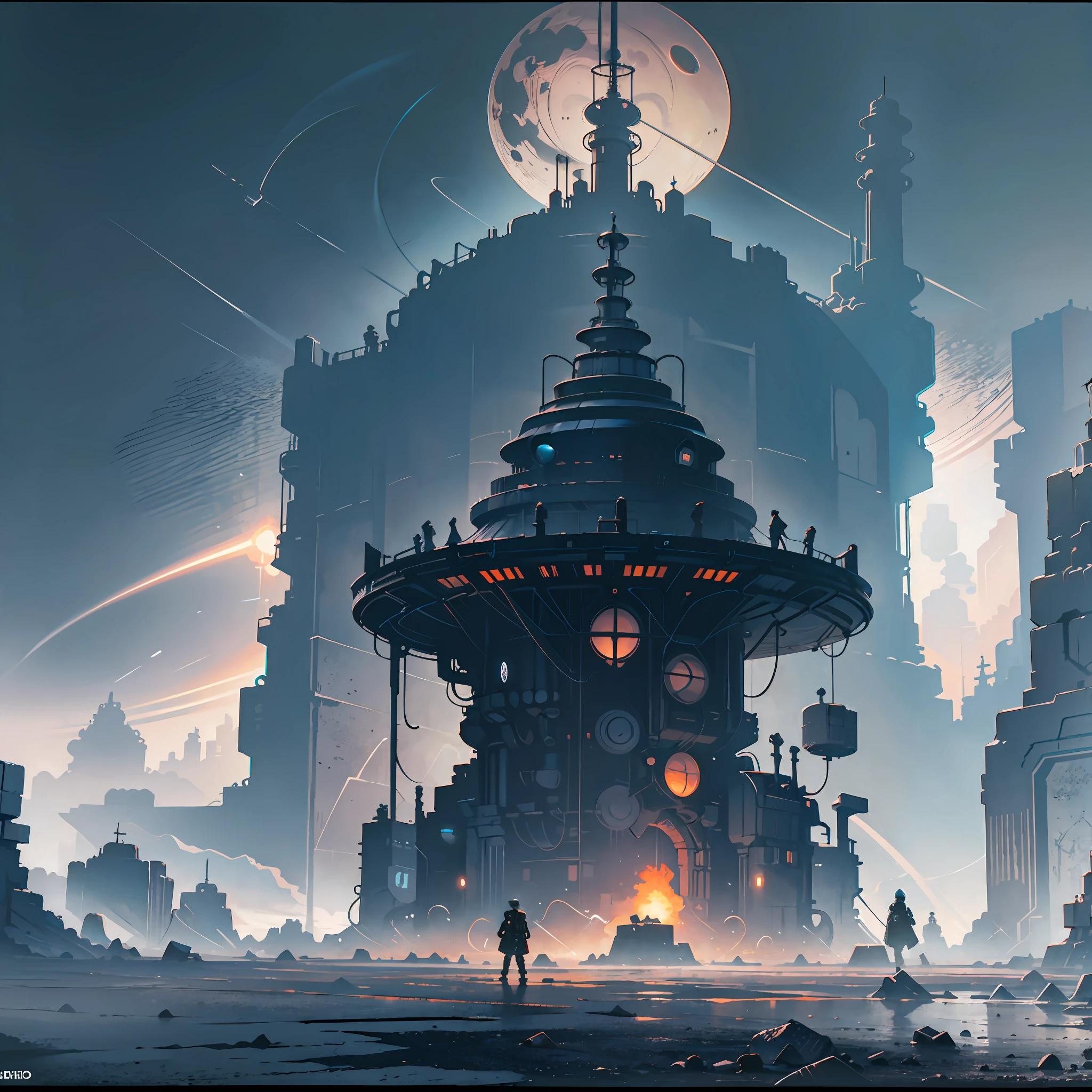 Futuristic dark landscape,saturn moons,futuristic temple design,pilgrims,cyborg, alien biodiversity,epic matte painting,concept art, Ashley wood style --s