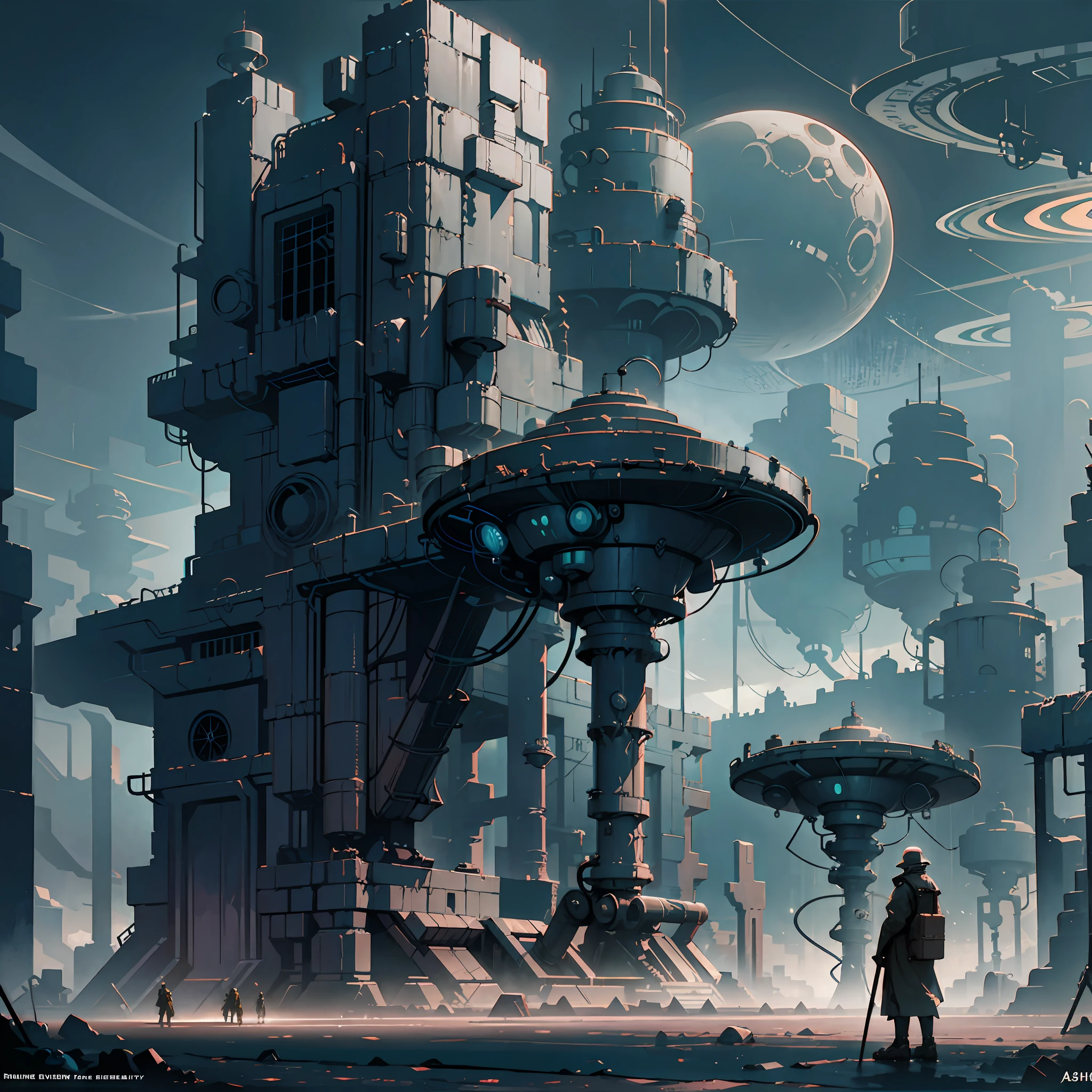 Futuristic dark landscape,saturn moons,futuristic temple design,pilgrims,cyborg, alien biodiversity,epic matte painting,concept art, Ashley wood style --s