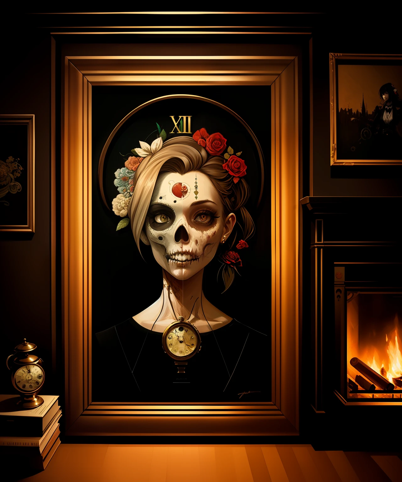 the anatomy of a beautiful zombie woman head, antique clock on the wall above the fireplace, an ultrafine detailed painting by james jean, octopath traveler, behance contest winner, vanitas, angular, altermodern, surreal,