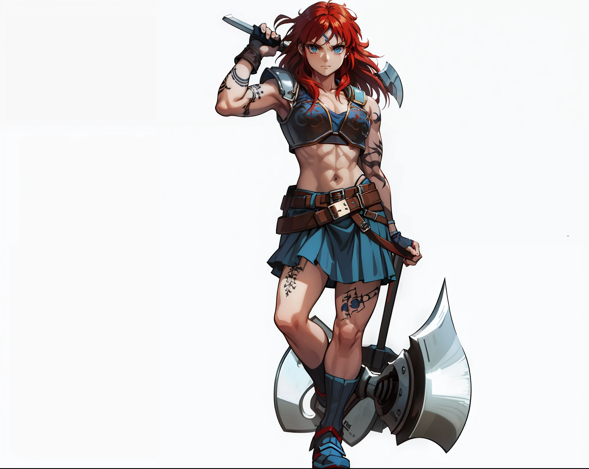 Boadicea, red-haired Viking warrior with Nordic armor and rune tattoos on her body and blooming blue eyes holding an axe, 4k