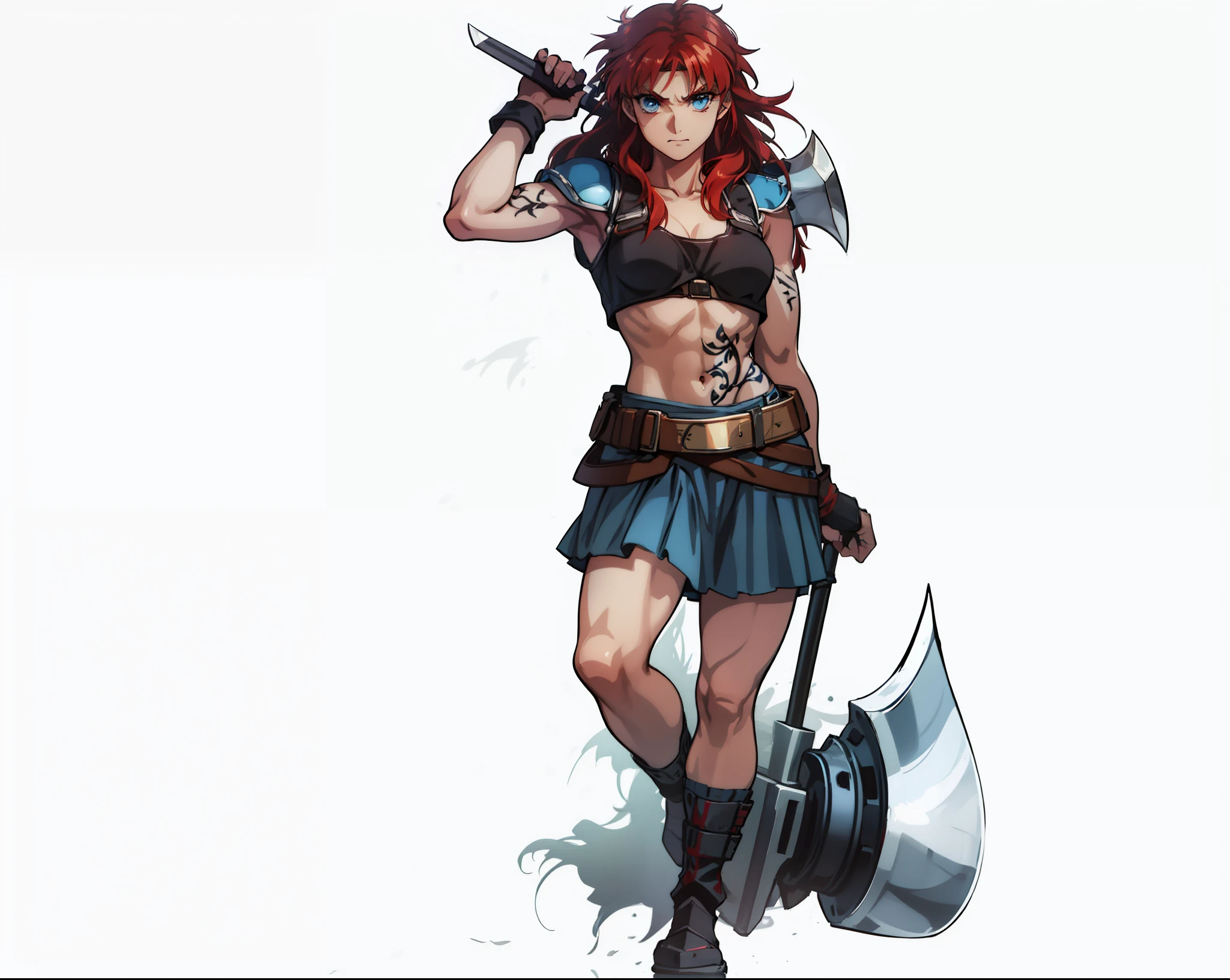 Boadicea, red-haired Viking warrior with Nordic armor and rune tattoos on her body and blooming blue eyes holding an axe, 4k