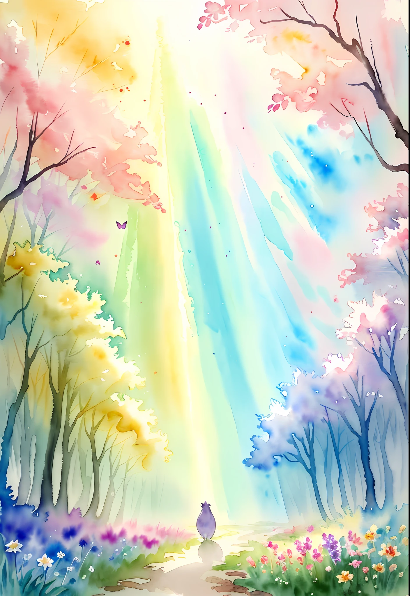 ( watercolor \(medium\), drawing, IrisCompiet:1.2),painting of a multiples animals in a mystical flower field, butterfly, intricate details, god rays, sfw