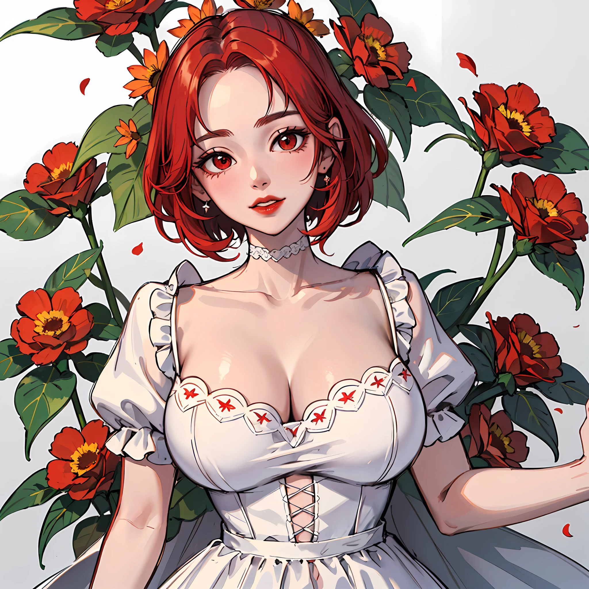 (masterpiece:1.2, best quality), 1milf, white dress, open clothes, (red flowers:1.3), laying, white, red hair, red eyes, mature, big tits, sexy, upper body, closeup face, red lips