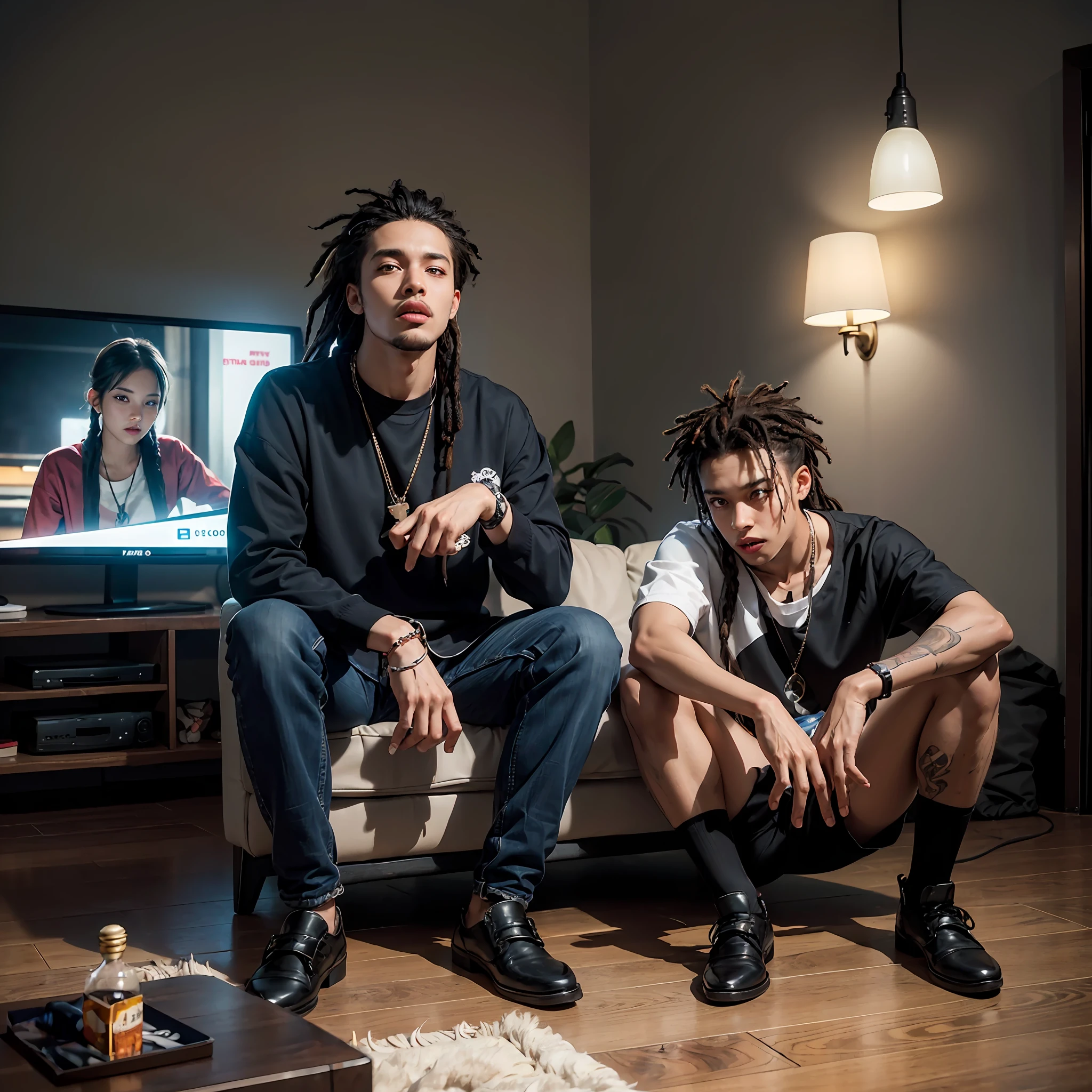 Black gangsters, relaxing at the crib, home apartment setting, smoking, gang signs, dreadlocks, with the homies, alcohol on the table and on the floor, drunk, video game and tv is on, light fog, (natural skin texture, hyperrealism, soft light, sharp), night time, bulb illumination, full body shot, gang